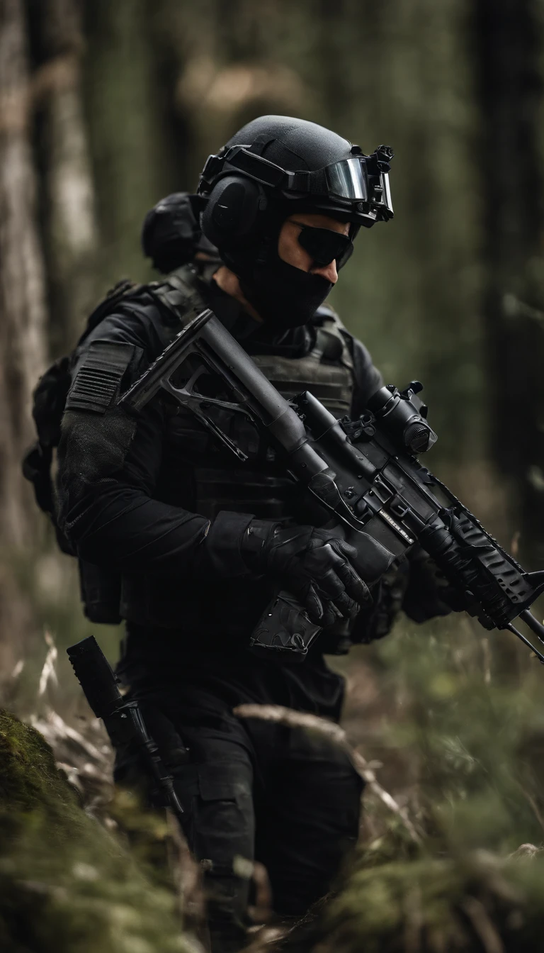 (best quality,4k,8k,highres,masterpiece:1.2),ultra-detailed,(realistic,photorealistic,photo-realistic:1.37),strong-bodied male,special forces,fully armed,carrying an M14 rifle with a red dot sight, wearing specialized body armor, black riot helmet, transparent military goggles, hyper-realistic, military, tactical equipment