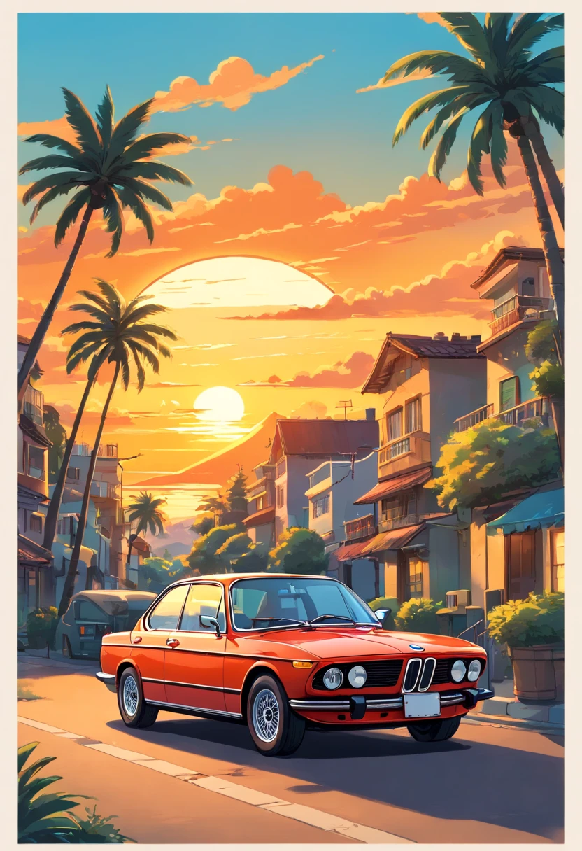((Sticker design)), Classic BMW car, Sunset background, Palm trees, 5 colors of layers, Corner Street, Beleq drum, Presean, car in black color