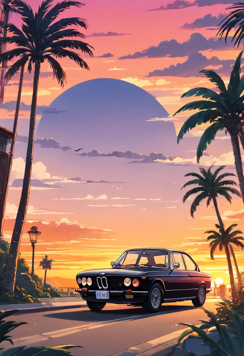 ((Sticker design)), Classic BMW car, Sunset background, Palm trees, 5 colors of layers, Corner Street, Beleq drum, Presean, car in black color