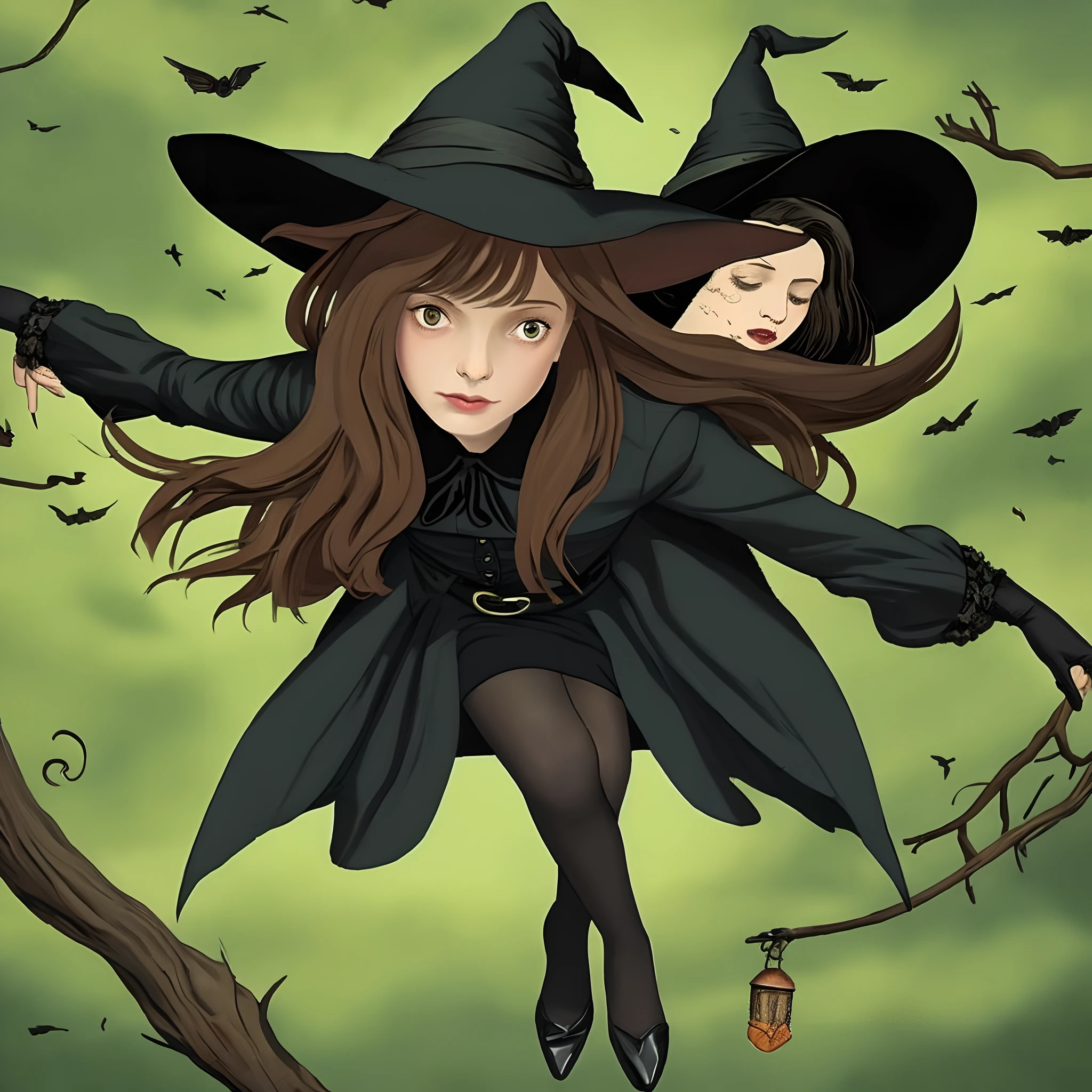 A young witch flies on a broom to a coven