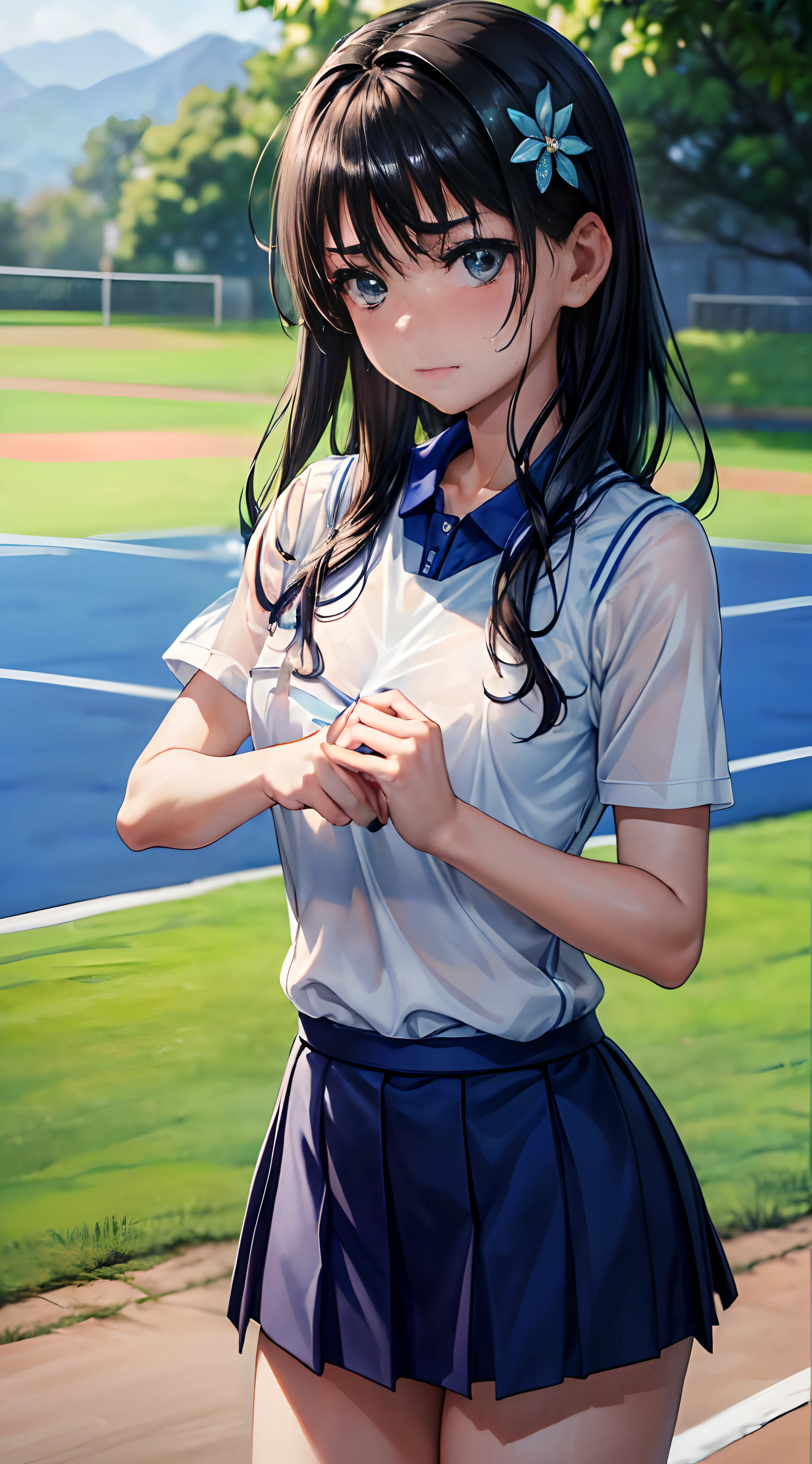 (((masterpiece,top-quality,超A high resolution))),1womanl, ,(((Wet with sweat))),Beautiful breasts,12year old,,(((serious faces)),(((I'm blushing))),(((Nariko Saten)),,(((Best Quality,4K,in 8K))),((closes mouth)),(((See-through white and blue tennis uniform)),The wind almost makes my skirt flip up,
