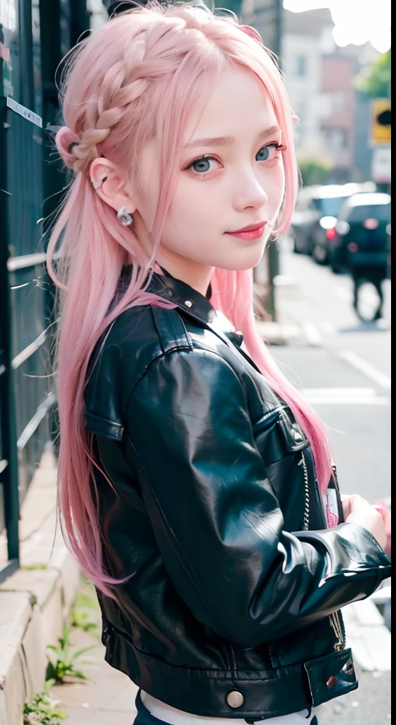(masutepiece), cute little, (sixteen years old:1.4), Solo, 1 woman, (Charming punk girl), Blue eyes,faces、(A smile:1.5),Playing guitar, (Front face), (Leather jackets and tattoos), (Band T-shirt), (Ripped jeans), ((Urban alley background)), (up close shot), Beautiful hands, Two hands, normal hands, Two arms, complete hands, Beautiful body, Beautiful fingers, normal fingers, Five Fingers, Five Fingers, (Thumb index finger ring finger), Beautiful ears, normal ears, Beautiful eyes, shiny eyes, Beautiful mouth, Beautiful lips,Medium hair with pink hair, (Pink hair), Ear Hair, small tits, Single braid, (Single braid), (Side braid)