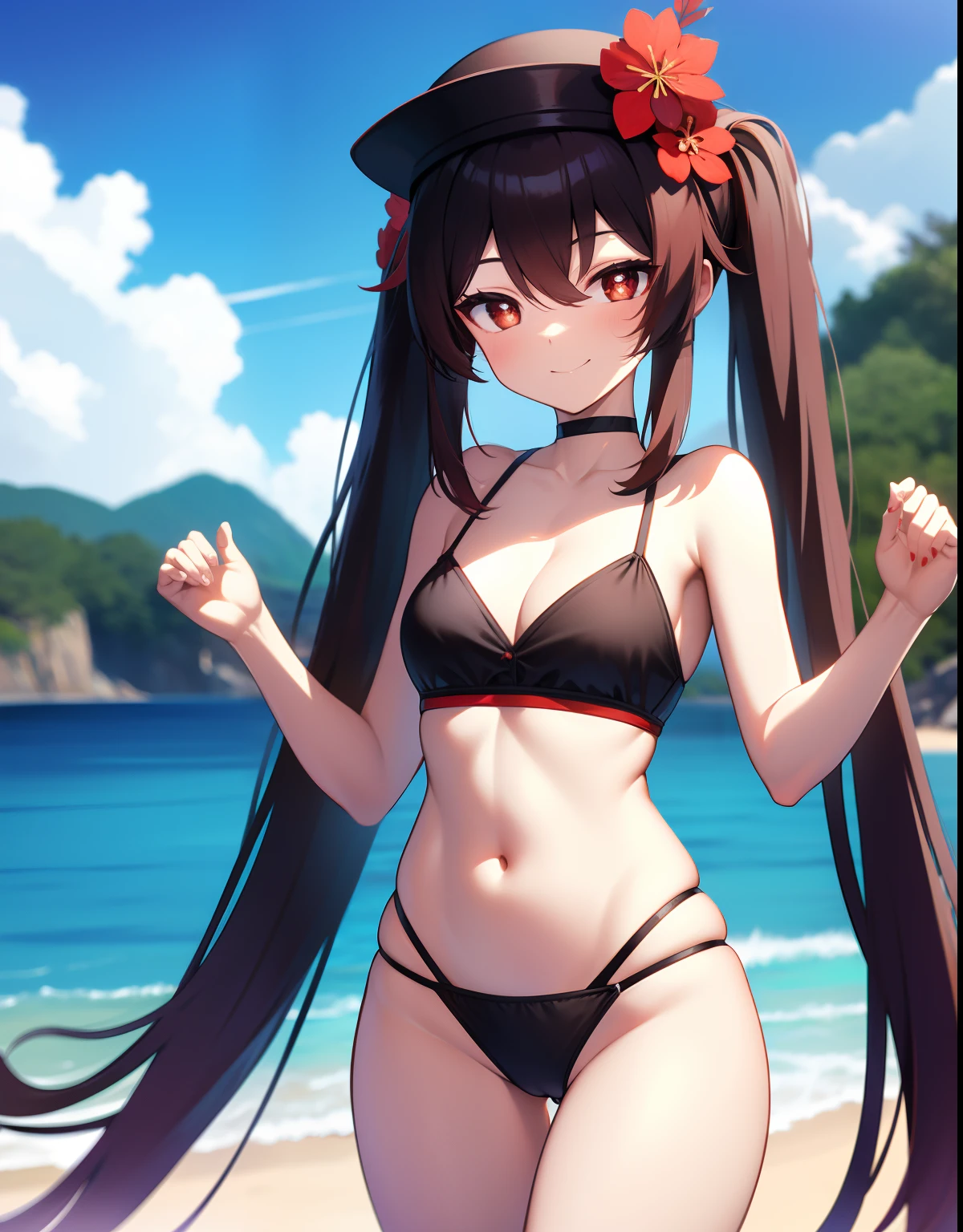 hd,8k,ultra qualty,1girl, ((solo)), hutao_genshin, standing, neck bell, flower, bare arms, very long hair, long hair, twintails, brown hair, red eyes, stomach, cleavage, choker, sidelocks, symbol-shaped pupils, smile, closed mouth, bikini, on stomach, ((flower-shaped pupils)), red bikini, medium breasts, navel, swimsuit, ghost, red flower, black choker, cowboy shot, bare shoulders, hair ornament, strap slip, hair flower, thighs, day, outdoors, thigh gap, plum blossoms, bell, blush, looking at viewer, ((sky)), blue sky, (beach), sea, sand, ((black headwear)), black hat, black chinese hat,