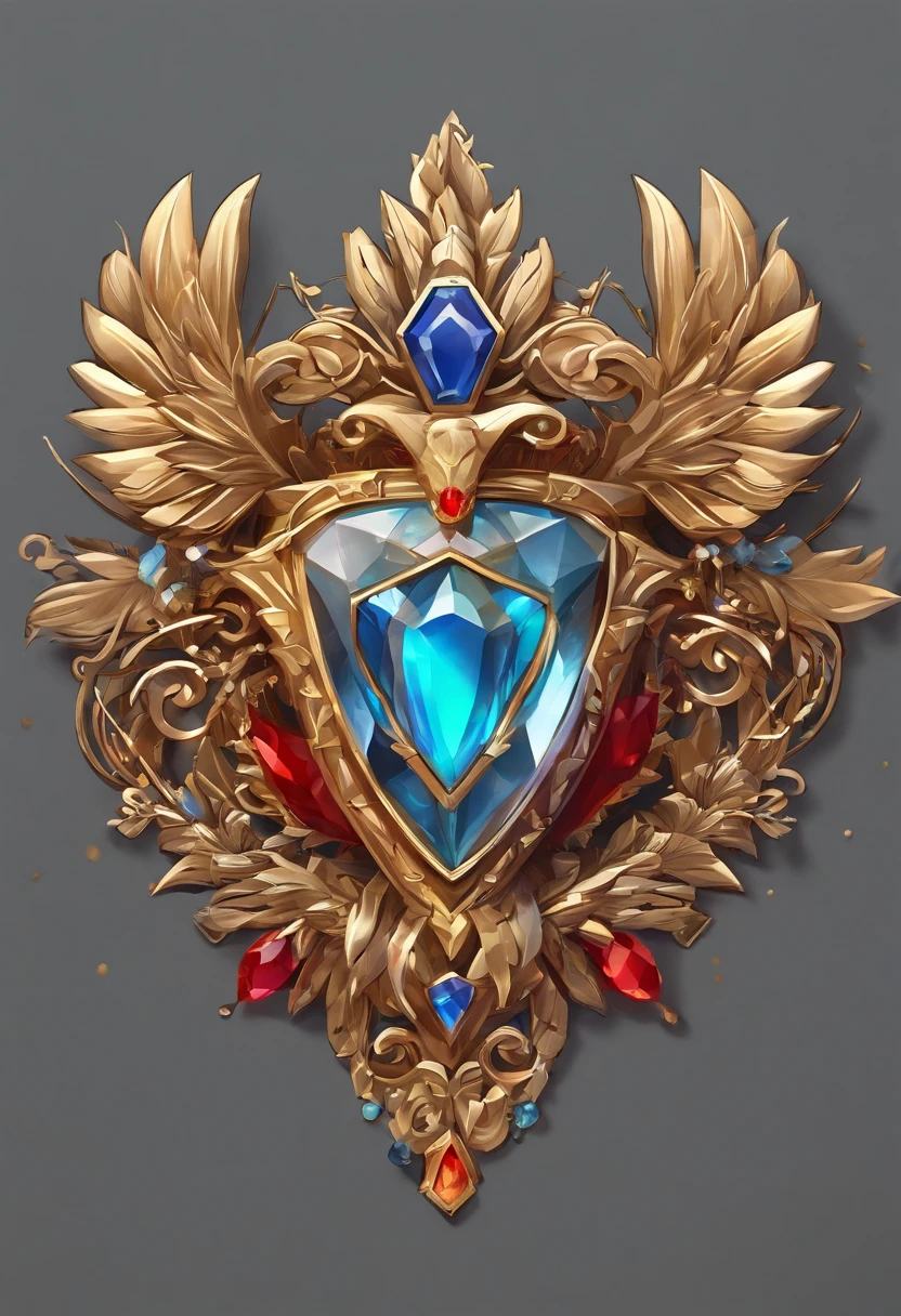 Gemstone design,a jewellery design,a jewellery design,Medallion with a close-up of a metal sheep's head,tiara crown,hearthstone art style, Hearthstone style art, hearthstone concept art, Riot game concept art, style of league of legends, iconic character splash art, League of Legends Crown,Game badge,Surrounding metal feathers,Red gold,c4d渲染,Less detail,less detailing,Huge metal sheep's head in the middle,inlaid gemstones