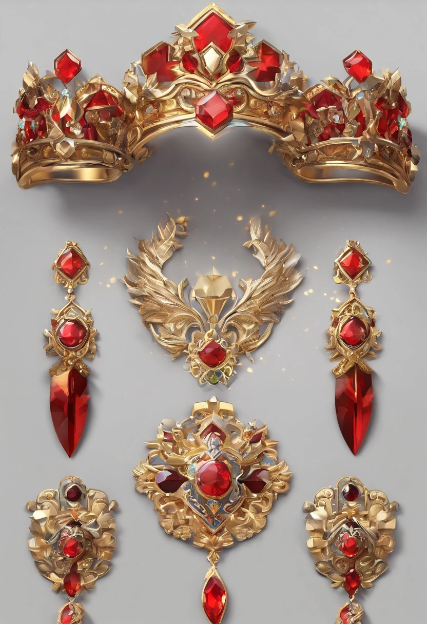 Gemstone design,a jewellery design,a jewellery design,Medallion with a close-up of a metal sheep's head,tiara crown,hearthstone art style, Hearthstone style art, hearthstone concept art, Riot game concept art, style of league of legends, iconic character splash art, League of Legends Crown,Game badge,Surrounding metal feathers,Red gold,c4d渲染,Less detail,less detailing,Huge metal sheep's head in the middle,inlaid gemstones