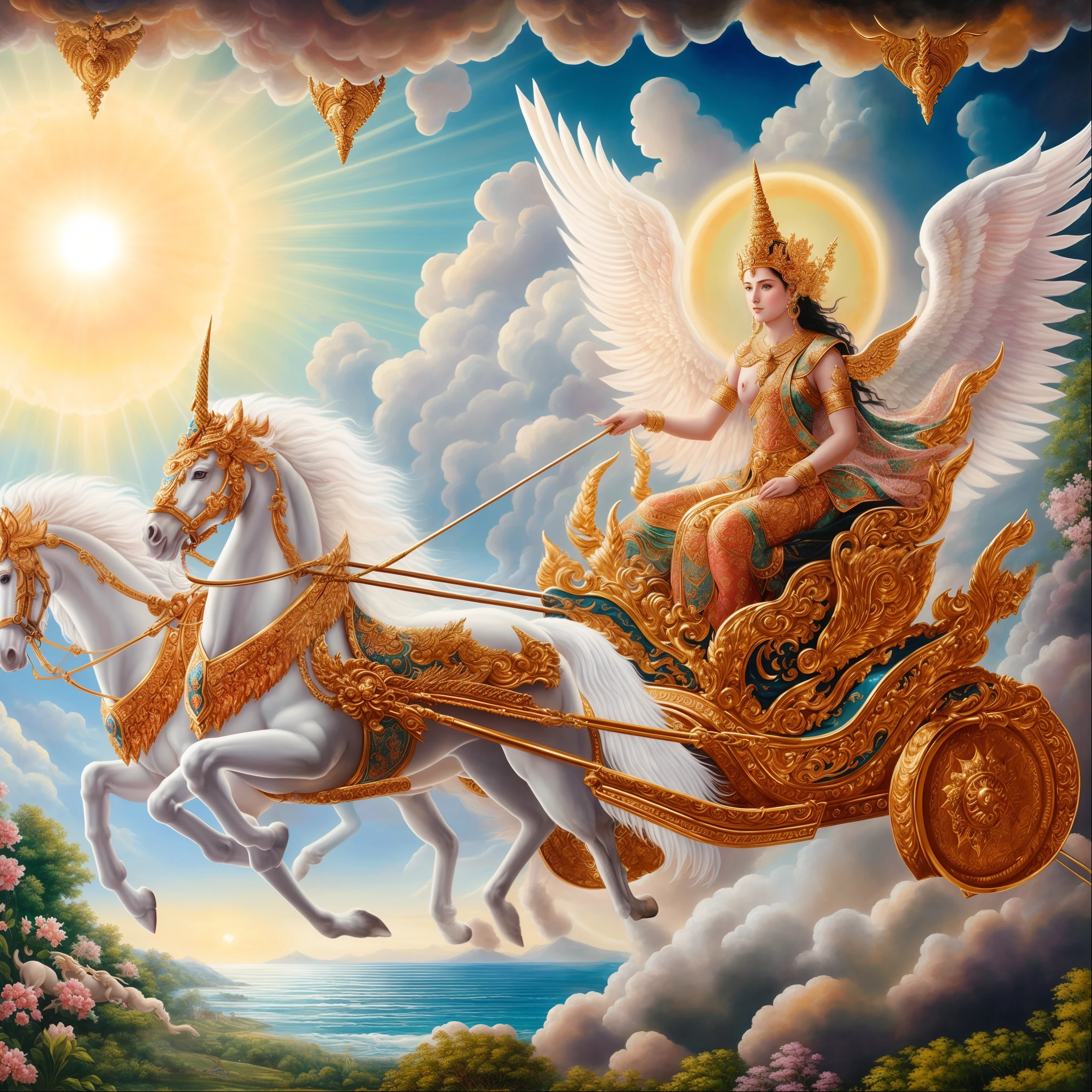 painting of a woman riding a chariot with two horses, chariot, beautiful godrays, woman riding a flying unicorn, she is arriving heaven, tarot card the chariot, goddess of love and peace, goddess of travel, by Caroline Chariot-Dayez, as the goddess of the sun, queen of heaven, pegasus, divine goddess, mythological painting, thailand art