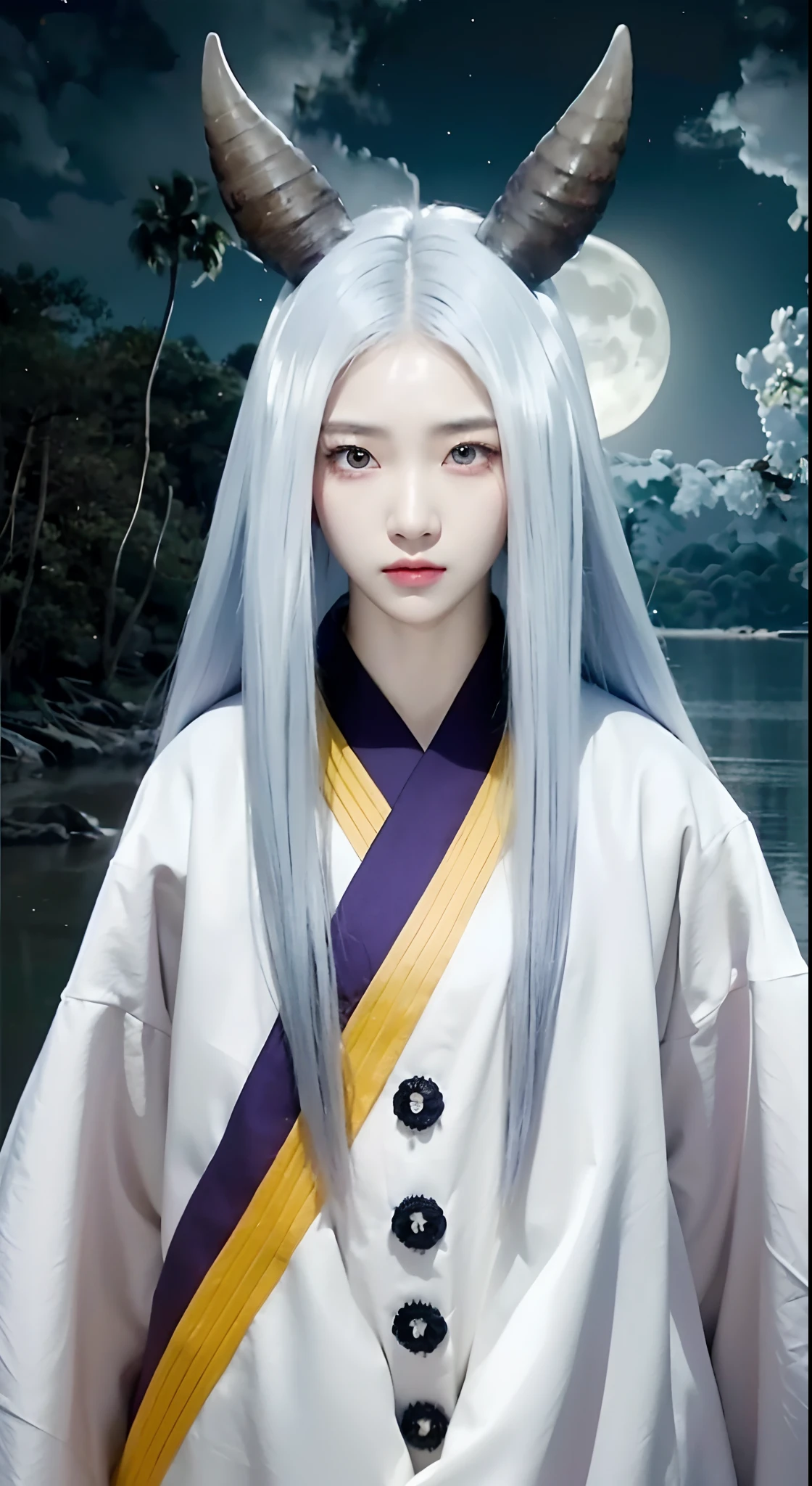 Real life adaption of this character, Korean  beauty face, angry expression, ((The color of his pupils is completely white)),realistic detail same hair, realistic same horns, realistic same kimono outfit, (same logo printed on her outfit), realistic light, realistic shadow, realism, hyper realistic,(photorealistic:1.2), looking to viewer,Realistic natural background with moonlight views