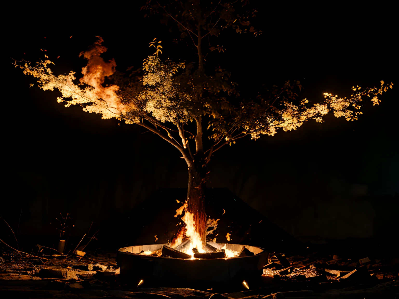 Black background and fire in  tree