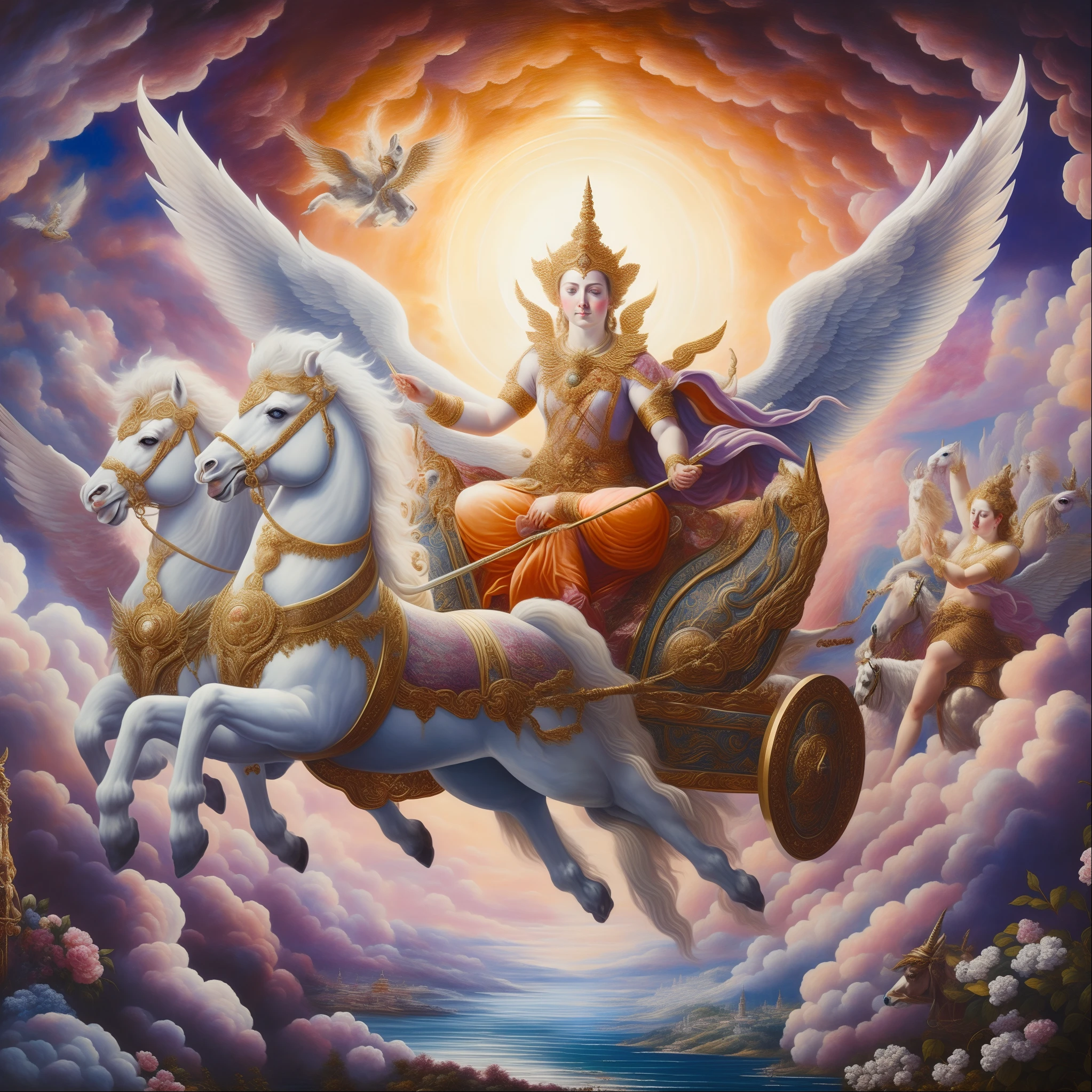 painting of a woman riding a white horse with a winged halo, by Caroline Chariot-Dayez, beautiful godrays, she is arriving heaven, woman riding a flying unicorn, chariot, mythological painting, goddess of love and peace, tarot card the chariot, goddess. extremely high detail, llama angel of sunrise, devi wings, painting of wild hunt in the sky
