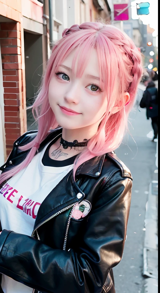 (masutepiece), cute little, (:1.4), Solo, 1 woman, (Charming punk girl), Blue eyes,faces、(A smile:1.5),Playing guitar, (Front face),  (Leather jackets and tattoos), (Band T-shirt), (Ripped jeans), ((Urban alley background)), (up close shot), Beautiful hands, Two hands, normal hands, Two arms, complete hands, Beautiful body, Beautiful fingers, normal fingers, Five Fingers, Five Fingers, (Thumb index finger ring finger), Beautiful ears, normal ears, Beautiful eyes, shiny eyes, Beautiful mouth, Beautiful lips,Medium hair with pink hair, (Pink hair), Ear Hair, small tits, Single braid, (Single braid), (Side braid)