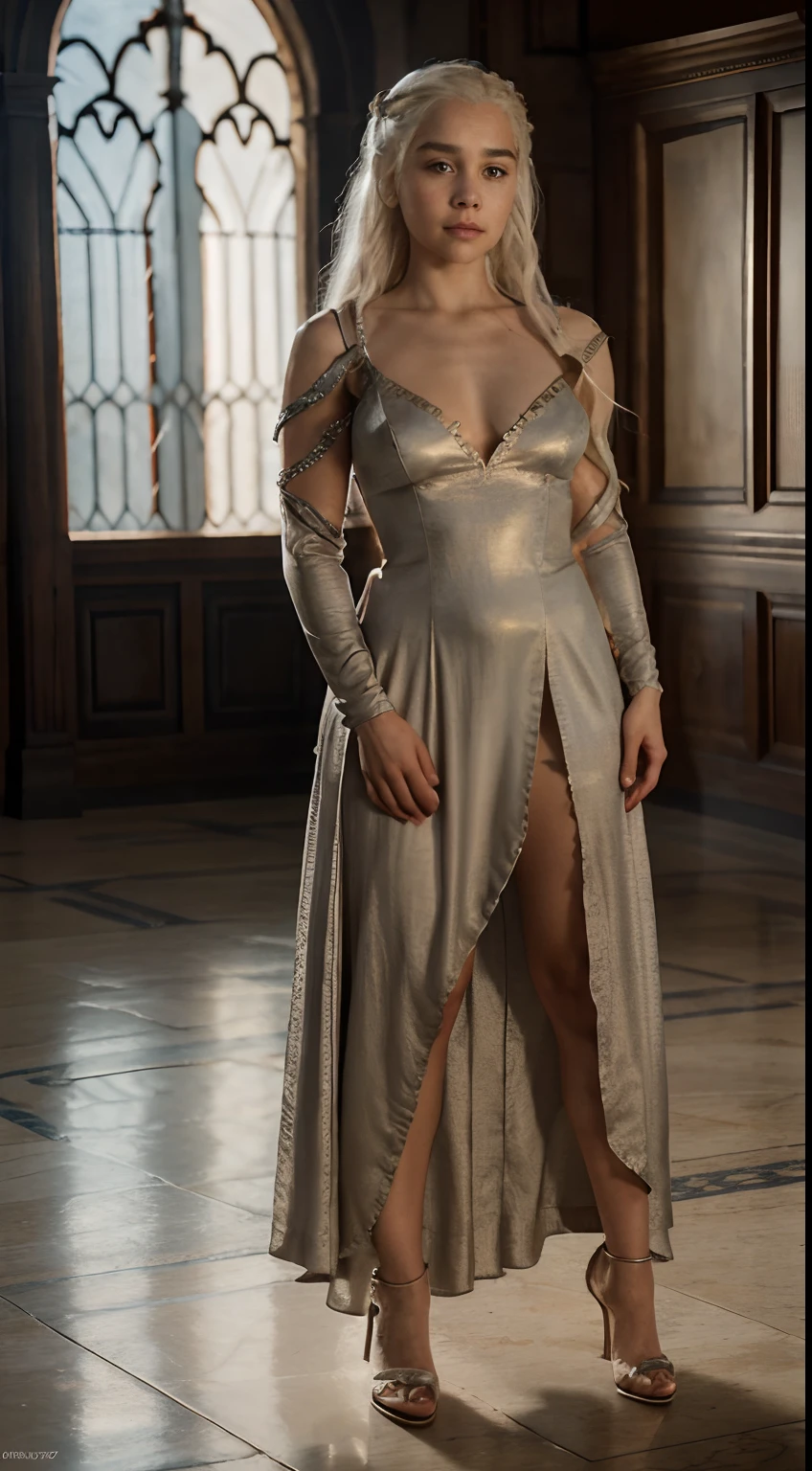 female dressed as daenerys targaryen, gorgeous, attractive, flirting, (((full body visible in costume))), looking at viewer, portrait, photography, detailed skin, realistic, photo-realistic, 8k, highly detailed, full length frame, High detail RAW color art, piercing, diffused soft lighting, shallow depth of field, sharp focus, hyperrealism, cinematic lighting, perfect cute face, cute face, perfect looks, in Daenerys targaryen get up