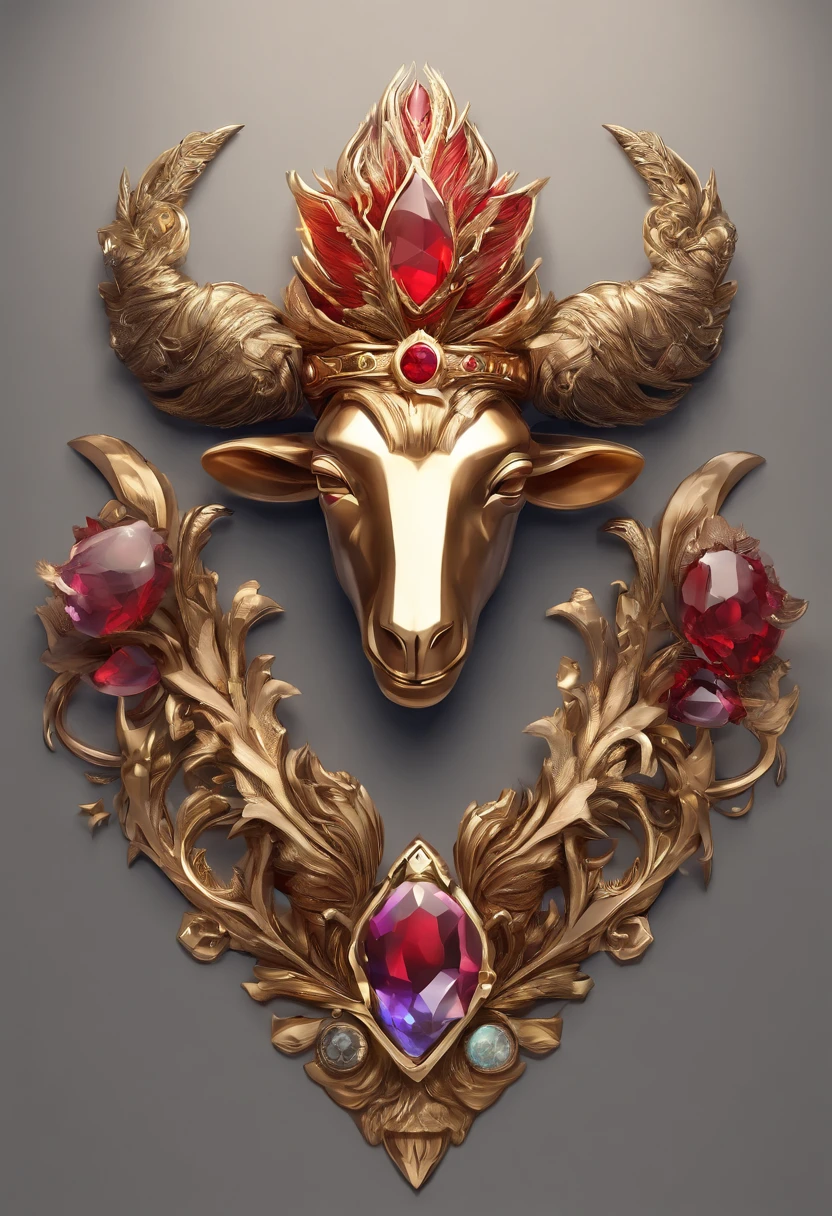 Gemstone design，a jewellery design，a jewellery design，Medallion with a close-up of a metal sheep's head，tiara crown，hearthstone art style, Hearthstone style art, hearthstone concept art, Riot game concept art, style of league of legends, iconic character splash art, League of Legends Crown，Game badge，Surrounding metal feathers，Red gold，c4d渲染，Less detail，less detailing，Huge metal sheep's head in the middle，inlaid gemstones