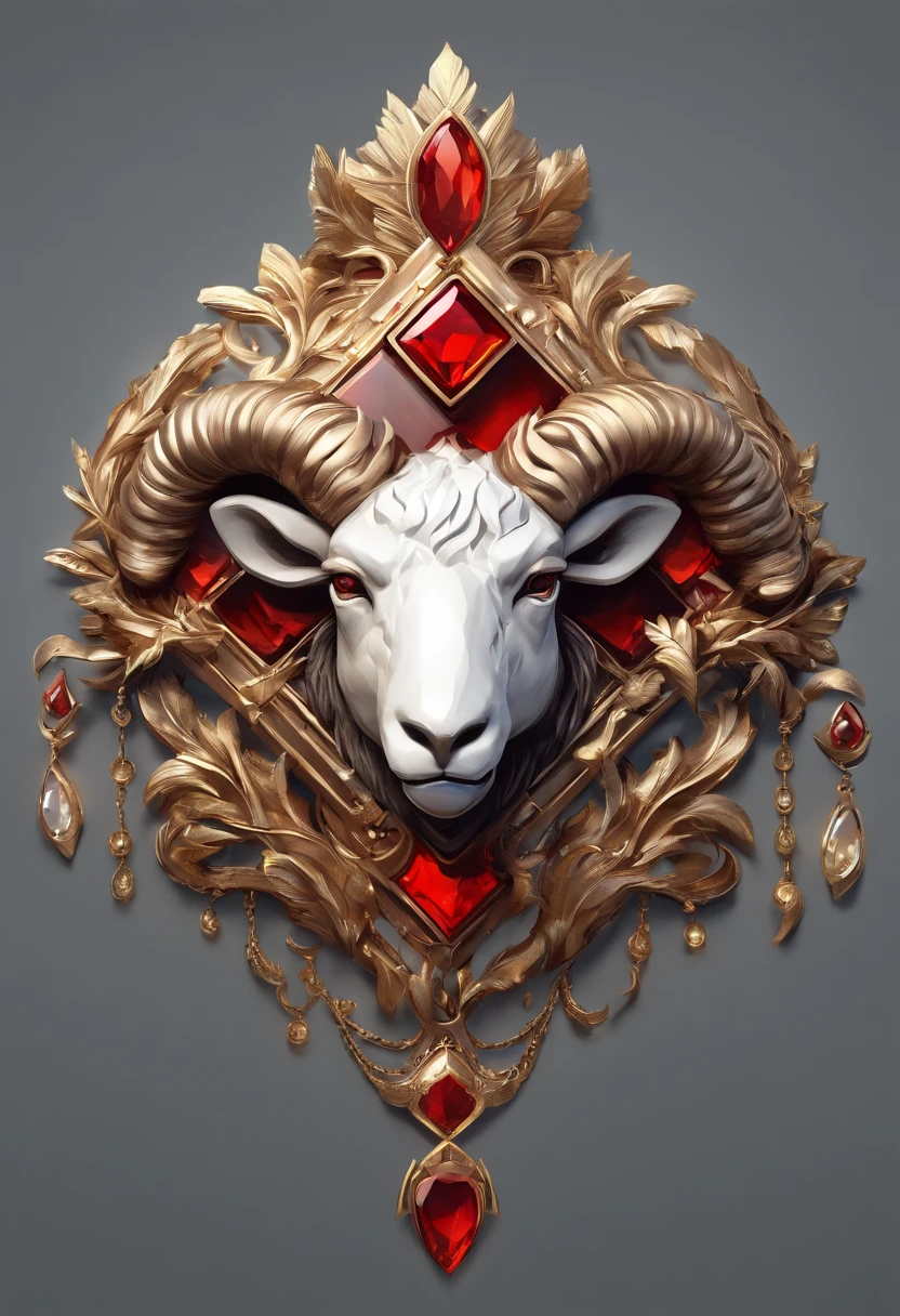 Gemstone design,a jewellery design,a jewellery design,Medallion with a close-up of a metal sheep's head,tiara crown,hearthstone art style, Hearthstone style art, hearthstone concept art, Riot game concept art, style of league of legends, iconic character splash art, League of Legends Crown,Game badge,Surrounding metal feathers,Red gold,c4d渲染,Less detail,less detailing,Huge metal sheep's head in the middle,inlaid gemstones