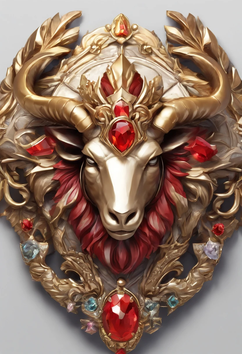 Gemstone design，a jewellery design，a jewellery design，Medallion with a close-up of a metal sheep's head，tiara crown，hearthstone art style, Hearthstone style art, hearthstone concept art, Riot game concept art, style of league of legends, iconic character splash art, League of Legends Crown，Game badge，Surrounding metal feathers，Red gold，c4d渲染，Less detail，less detailing，Huge metal sheep's head in the middle，inlaid gemstones