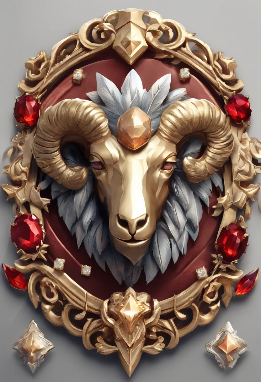 Gemstone design，a jewellery design，a jewellery design，Medallion with a close-up of a metal sheep's head，tiara crown，hearthstone art style, Hearthstone style art, hearthstone concept art, Riot game concept art, style of league of legends, iconic character splash art, League of Legends Crown，Game badge，Surrounding metal feathers，Red gold，c4d渲染，Less detail，less detailing，Huge metal sheep's head in the middle，inlaid gemstones