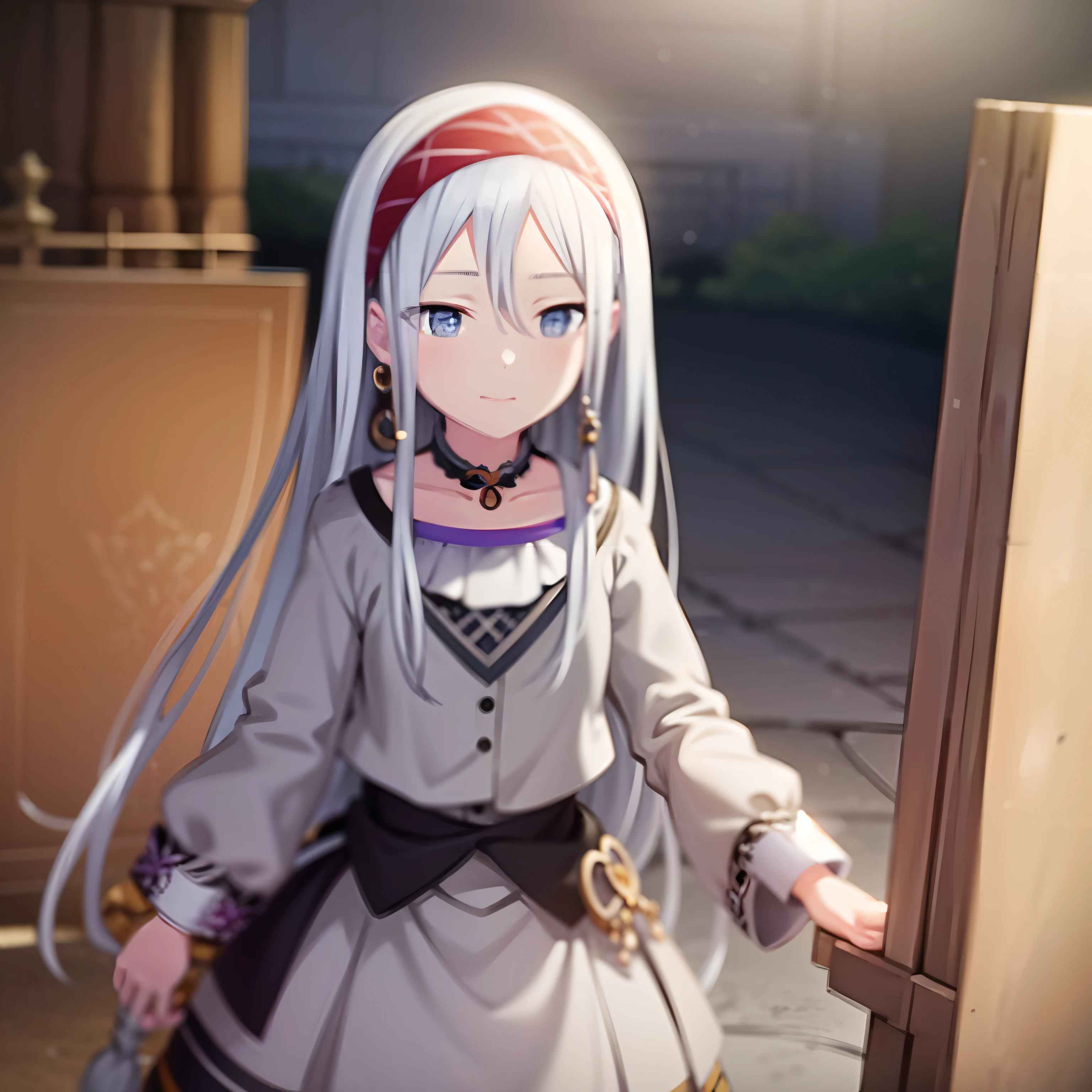 Solo, grey eyes, kanade3rd, smile, long sleeves, dress, holding, jewelry, closed mouth, collarbone, white hair, hairband, earrings, wide sleeves, necklace, blurry, depth of field, blurry background, red dress, purple hairband, painting (object), canvas (object), easel