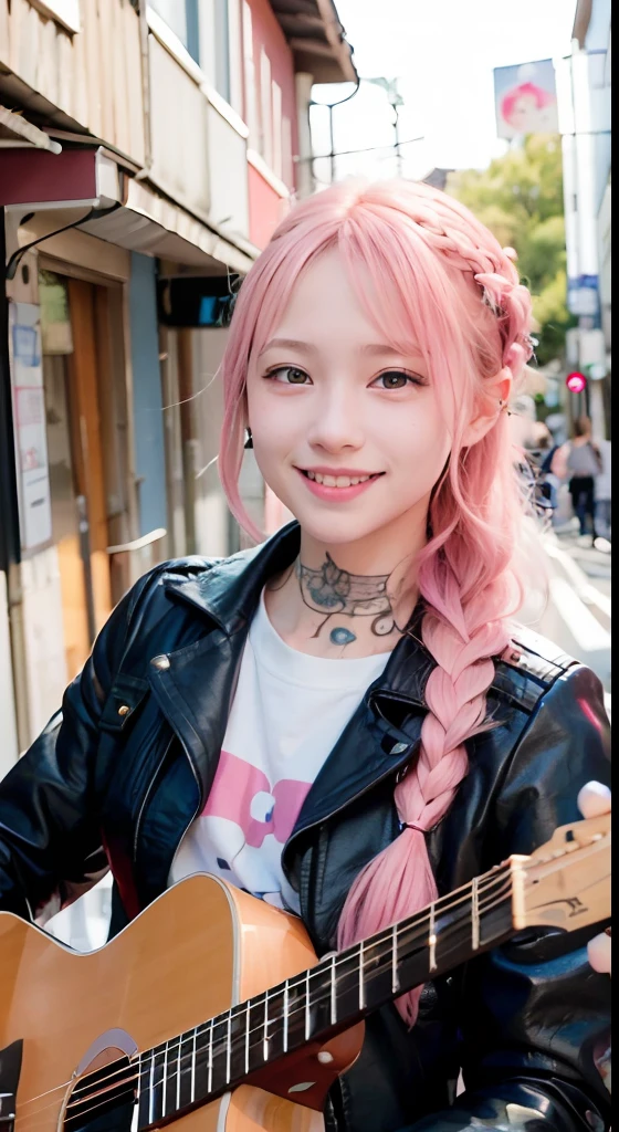 (masutepiece), cute little, (sixteen years old:1.4), Solo, 1 woman, (Charming punk girl), Blue eyes,faces、(A smile:1.5),Playing guitar, (Front face), (Leather jackets and tattoos), (Band T-shirt), (Ripped jeans), ((Urban alley background)), (up close shot), Beautiful hands, Two hands, normal hands, Two arms, complete hands, Beautiful body, Beautiful fingers, normal fingers, Five Fingers, Five Fingers, (Thumb index finger ring finger), Beautiful ears, normal ears, Beautiful eyes, shiny eyes, Beautiful mouth, Beautiful lips,Medium hair with pink hair, (Pink hair), Ear Hair, small tits, Single braid, (Single braid), (Side braid)