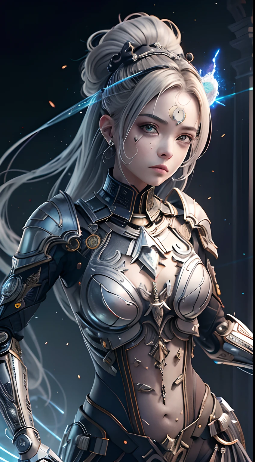 master part, best quality, super detalhado, very detailed illustrations, Very detailed, detalhes intrincados, high resolution, Detalhes super complexos, muito detalhado 8k CG wallpaper, Lente Completa, caustics, reflexions, ray tracing, Nebulosas, halos escuros, Efeitos de rede, (1girl:1.1),sozinho, ((cara muito bonita)), ((rosto muito detalhado)), ((Cara alegre)), (((mamas abertas))),(cabelo platinado;), (( de ferro)), (Full mechanical armor), armadura muito fina e detalhada), (lightning wrapped around the body), raios de luz, sunlight, cena de batalha, ((extremely detailed rendering))