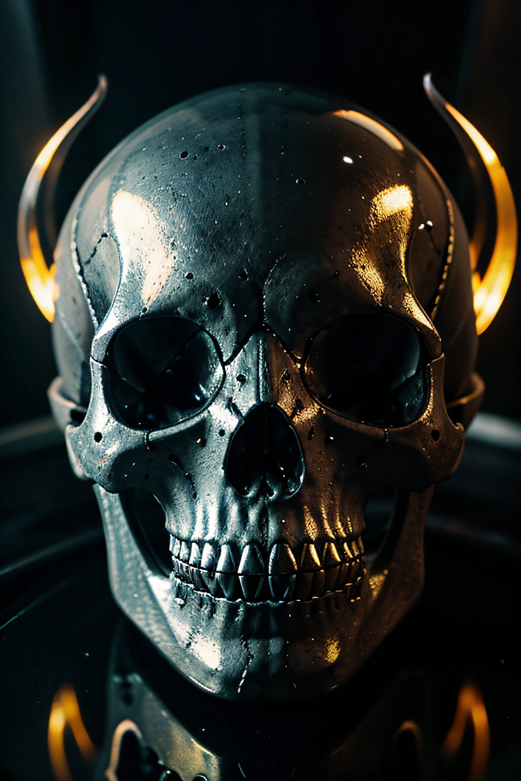 A magnificent alien skull like in the movies, made of glass. Lots of details and texture. Multicolored reflections are visible