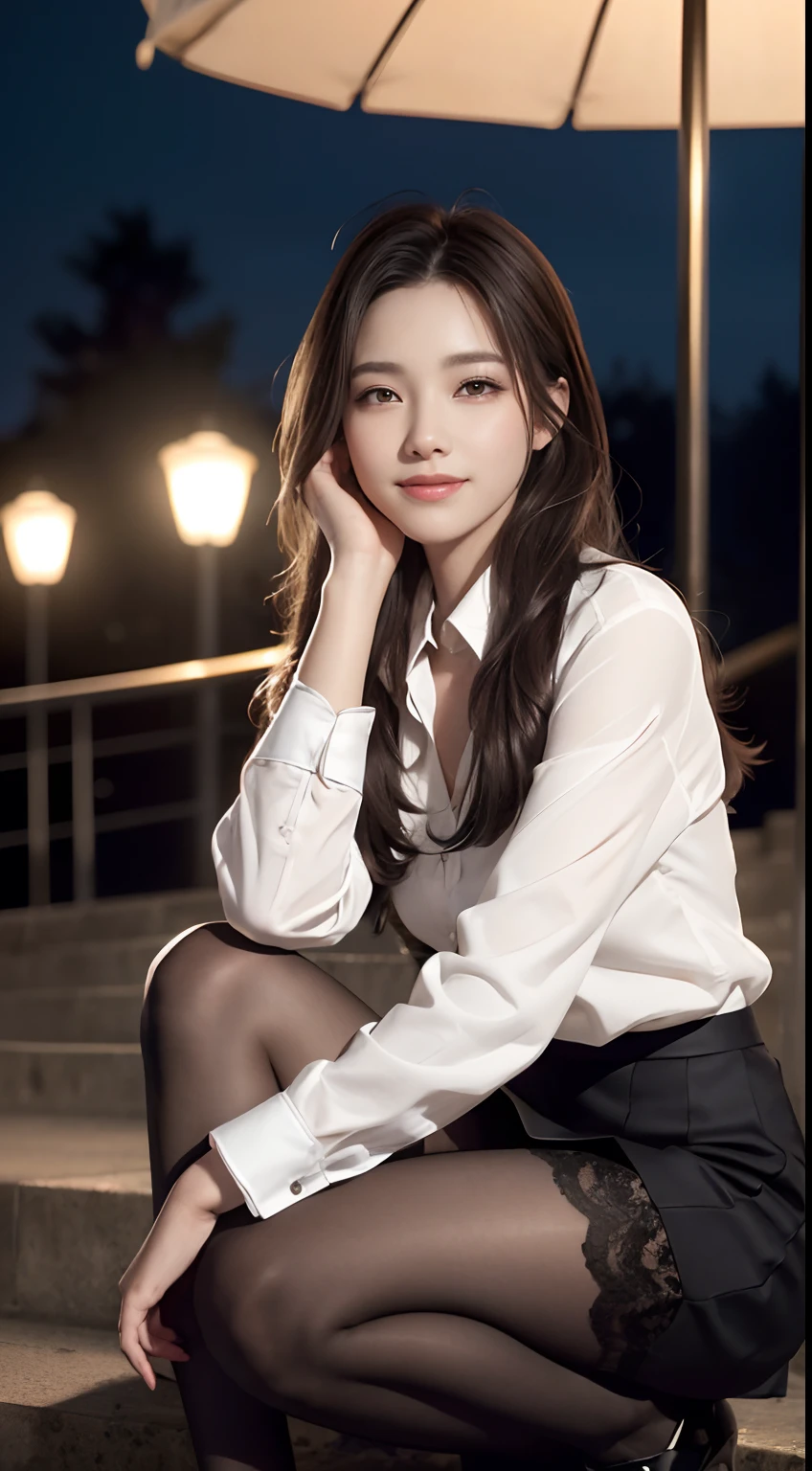 8K raw photos、hight resolution、17-year-old daughter、Layered hair、Formal shirts、Formal skirt、Smiling smile、long eyeslashes、Beautiful double eyelids、eyeshadows、Beautiful and thin legs、pantyhose、bobhair、In front of the station at night、Stairs at night、crouching down、Sit up、Luxury high heels、(intricate detailes:1.4),(Photorealsitic:1.4),octane renderings, Complex 3D rendering ultra detail, Studio Soft Light, Rim Lights, vivd details, Super Detail, realistic skin textures, Detail Face, Beautiful detail eyes, Very detailed CG Unity 8K wallpaper, makeup, (Detailed background:1.2),