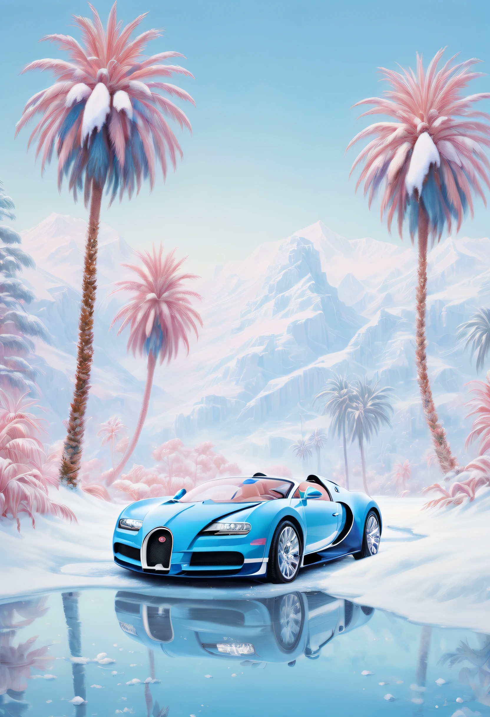 Digital oil, 2077 Bugatti, whimsical and imaginative, soft snowfall, pastel pinks, blues, and whites, icy lake with snow – covered palm trees, merging tropical and winter themes, JeeYoung Lee