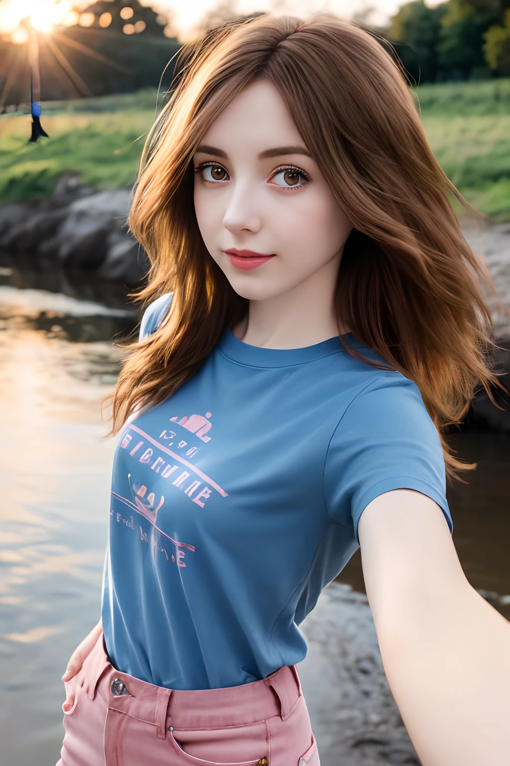 long hair ,, Caucasian max caulfield , large eyes , girl,
brown hair , happy , , soft skin, , expressive eyes , , , blue t-shirt, and pink pants , , at the river , ,, sun set