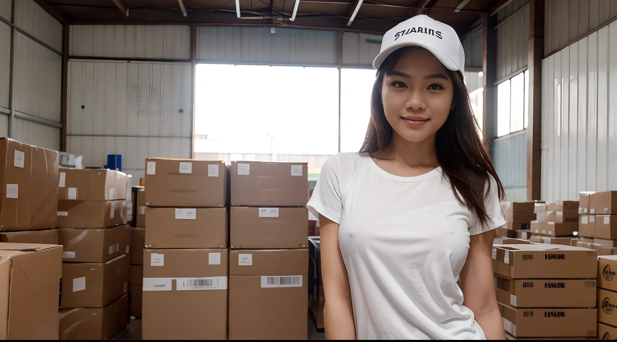 Slender Asian Girl, ((ecommerce)), ((Top  Quality, 8K, Masterpiece: 1.3)), foco nítido: 1.2, a beautiful woman with perfect figure: 1.4, The face and skin texture are delicately depicted, Detailed Eyes, skiny, beautifull face, symmetrical face, full-length, wearing plain white t shirt, wearing plain white trucker cap, Gravure pose, warehouse background, ecommerce, filipina, pinay, warehouse background, ecommerce, pinay, filipina, filipino women, smiling, volumetric lighting