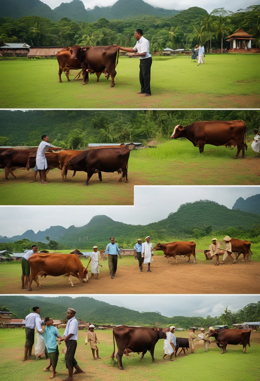 Thai Teacher Black Man Civil servants wearing khaki Thai civil servants raising cows on school lawn