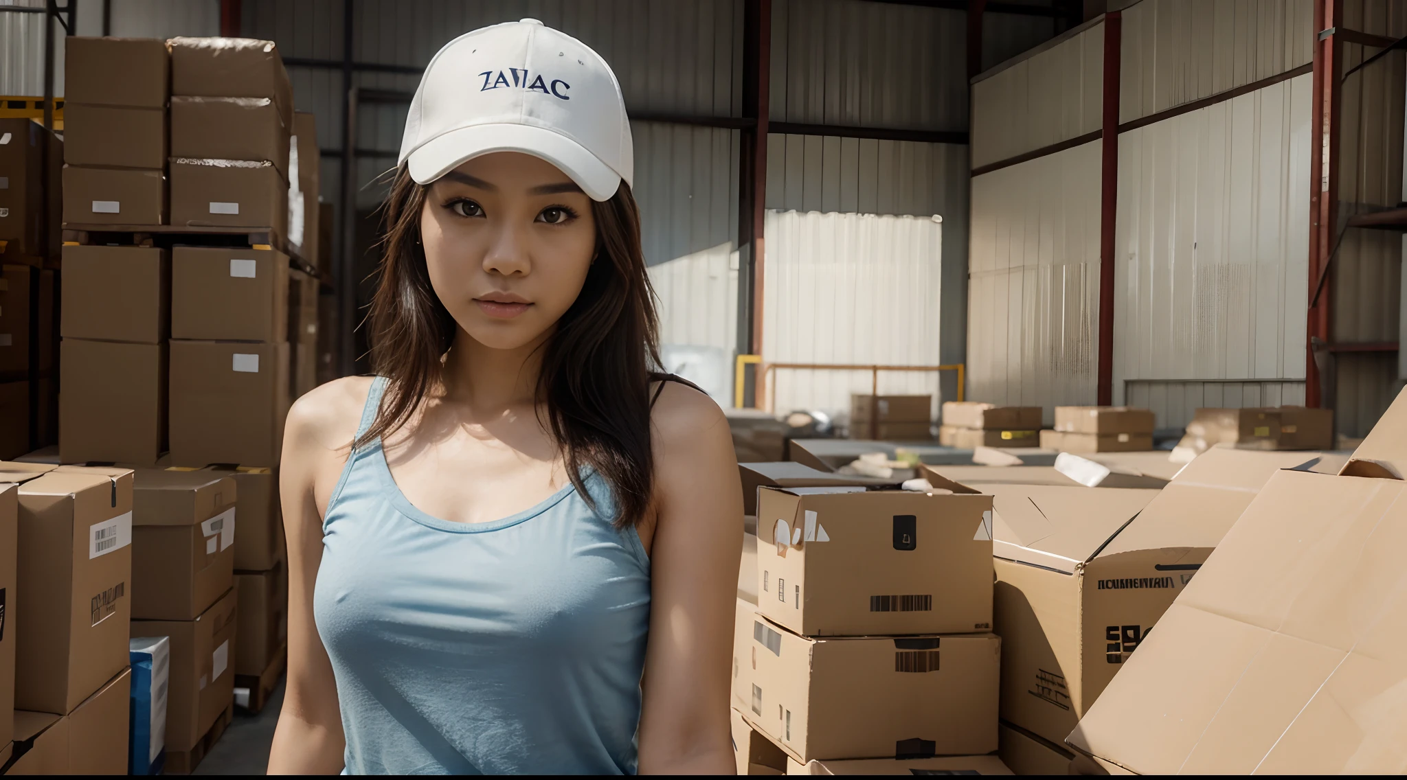 Slender Asian Girl, ((ecommerce)), ((Top Quality, 8K, Masterpiece: 1.3)), foco nítido: 1.2, a beautiful woman with perfect figure: 1.4, The face and skin texture are delicately depicted, Detailed Eyes, skiny, beautifull face, symmetrical face, full-length, wearing plain blue t shirt, wearing plain yellow trucker cap, Gravure pose, warehouse background, ecommerce, filipina, pinay, warehouse background, ecommerce, pinay, filipina, filipino women, volumetric lighting
