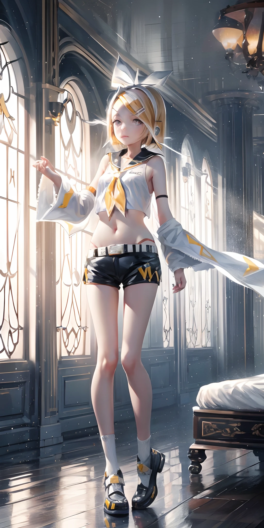 Masterpiece, Top Quality, Illustration, Ultra Detail, High Resolution, Absurdity, One Girl, (Kagamine_Rin:1.5), Vocaloid, Very Cute, (Blonde), Short Hair, (Beautiful Blue Eyes), Lively Eyes, (Bright Eyes), Beautiful Girl, Smiling, [Sailor Suit in White Tone], (Black Shorts: 1.5), Belt, Shoulders Cut, Yellow Neckerchief[White Hair Ribbon], [White Hair Clip], [Headphones], Viewers Love, Heart, Love Love, Light, Delicate Hands, Innocence, (Young: 1.2), Little Girl, Girlfriend, Bedroom, Night, Delicate Eyes, Bare Legs, Blue Archive Style,