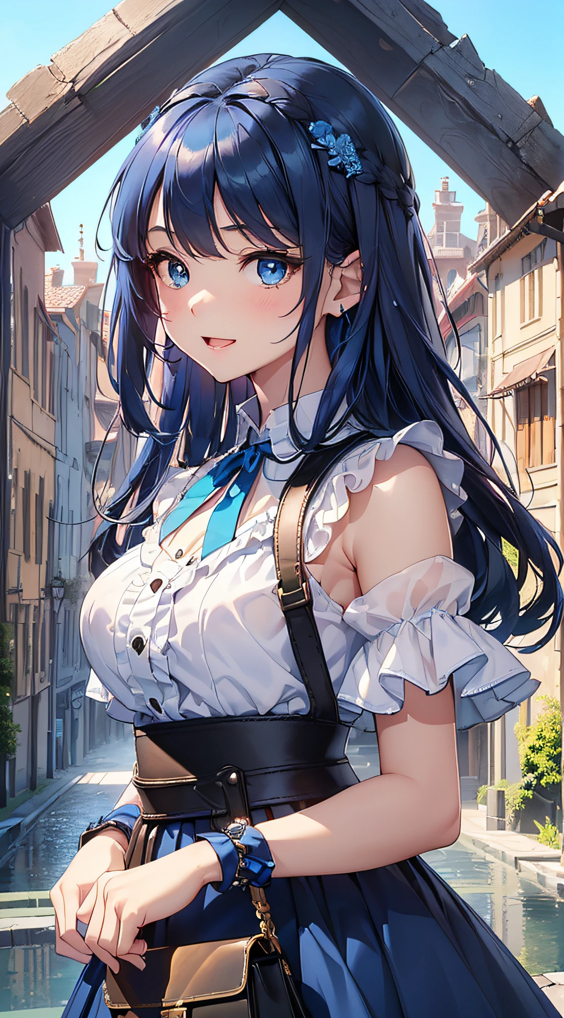 top-quality、Top image quality、​masterpiece、girl with((cute little、、Best Bust、Medium bust、Bust 85,Beautiful blue eyes、Breasts wide open,Long Black Hair、A slender、Blue hair mesh、White Y-shirt、Blue short skirt,satchel,Laugh、run、Reflecting the whole body)）hiquality、Beautiful Art、Background with((blue-sky、towns)),masutepiece、Elaborate design、visualart、depth of fields、The best lighting、highestdetailed、8ｋ