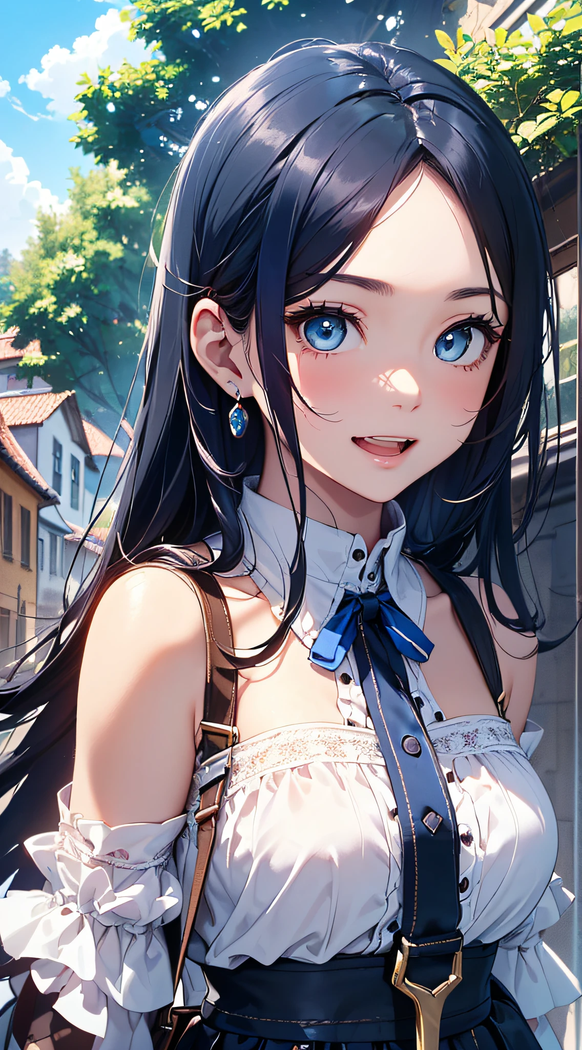 top-quality、Top image quality、masterpiece、girl with((cute little、sixteen years old、Best Bust、Medium bust、Bust 85,Beautiful blue eyes、Breasts wide open,Long Black Hair、A slender、Blue hair mesh、White Y-shirt、Blue short skirt,satchel,Laugh、run、Reflecting the whole body))hiquality、Beautiful Art、Background with((blue-sky、towns)),masutepiece、Elaborate design、visualart、depth of fields、The best lighting、highestdetailed、8k