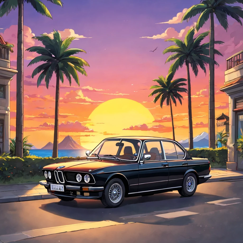 ((Sticker design)), Classic BMW car, Sunset background, Palm trees, 5 colors of layers, Corner Street, Beleq drum, Presean, car in black color