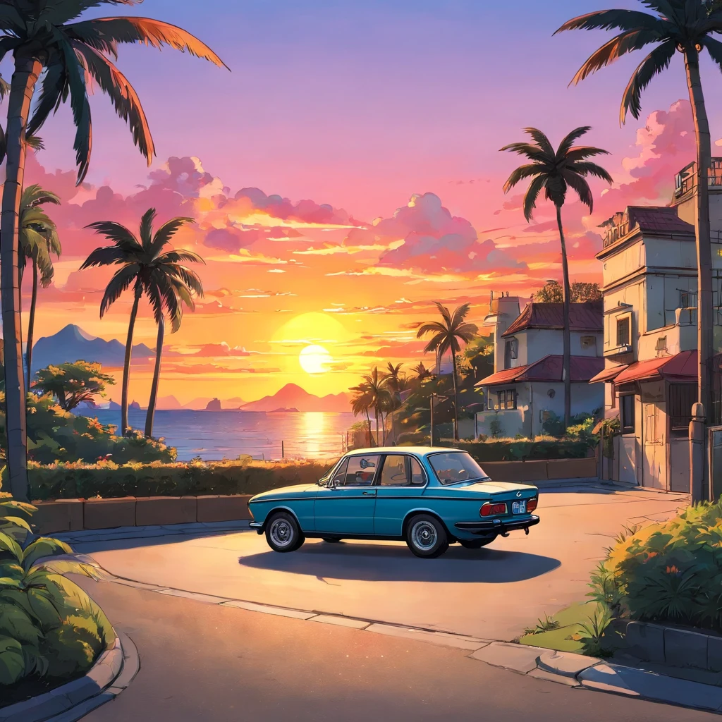 ((Sticker design)), Classic BMW car, Sunset background, Palm trees, 5 colors of layers, Corner Street, Beleq drum, Presean, car in black color
