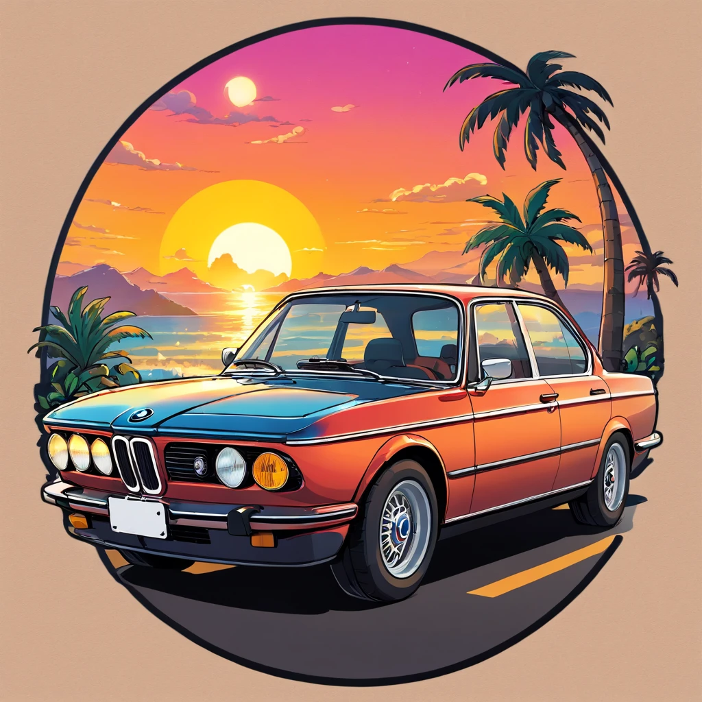 ((Sticker design)), Classic BMW car, Sunset background, Palm trees, 5 colors of layers, Corner Street, Beleq drum, Presean, car in black color