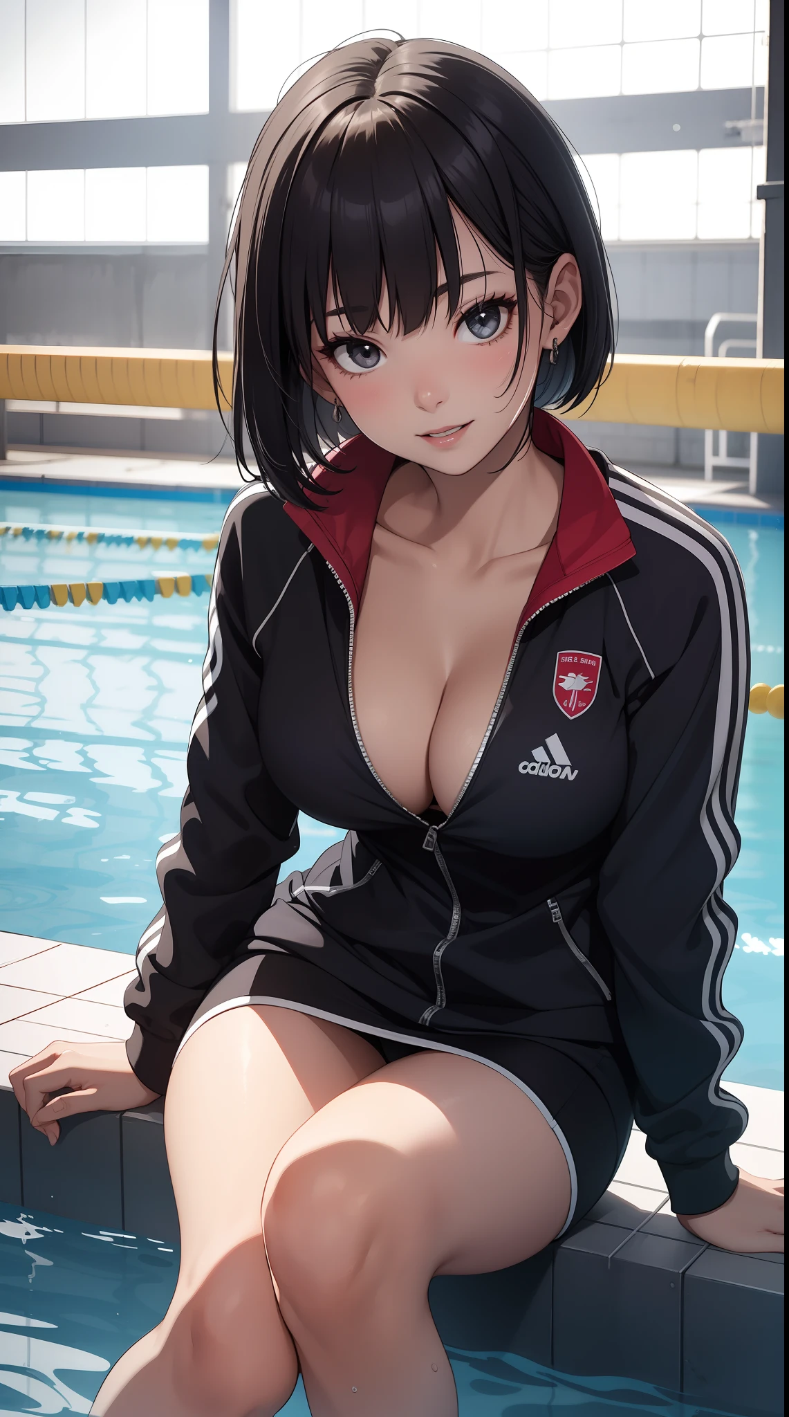 (Best quality:1.1), (Masterpiece:1.2), 1 girl,track suit,are standing,Highqualityshadow, Beautiful detailed, Beautiful face, Detailed eyes,Depth of field, big laughter,A high resolution, Best shadow, Best illumination, Kizi, view the viewer, (Five-color hair:1.3),Brush cut,extra very short hair, Blunt bangs, Long hair, Black eyes, Shy, Large breasts, Miniskirt, Volleyball hall, swimming pool ,Exercise posture, Sunburn,Boo marker,cleavage,looks into camera,ssmile,(mature female:1.2), closeup cleavage,Superskirt, sit down