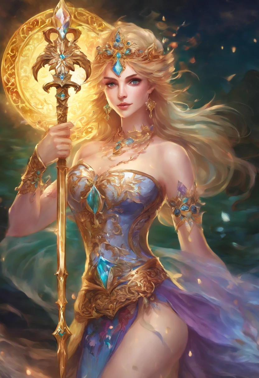 a celestial beautiful woman realistic, 64-bit color, with a dagger celestial magical water, the dagger reflected to glass, glass intricate water below, beautiful sword, masterpiece, celestial magical body, (high detailed), with water magic hands, realistic