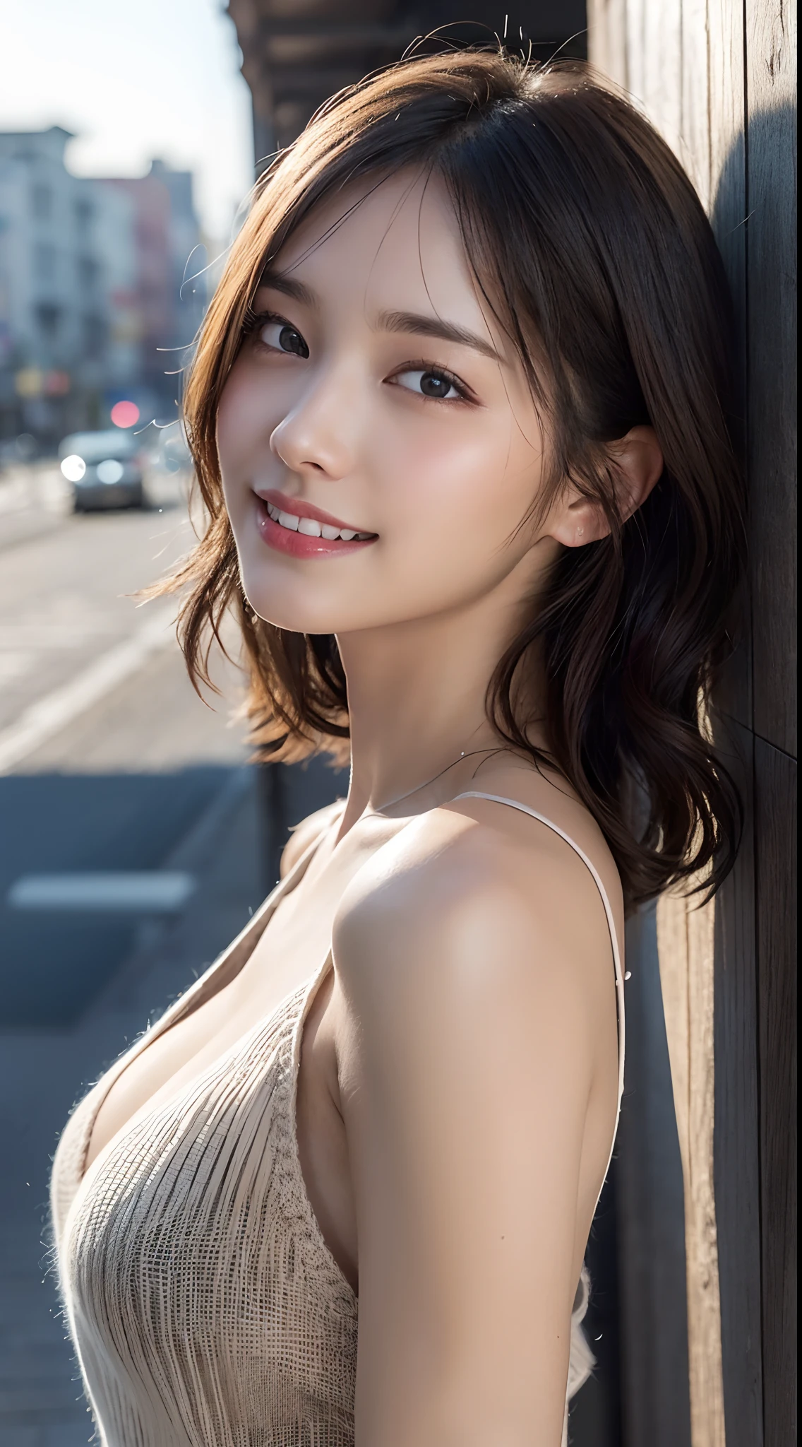 (8K, RAW photography, Best quality, Masterpiece: 1.45), (Realistic, Photorealistic: 1.37), Beach, Sand, Beach house, daytime, Professional lighting, Photon mapping, Radiosity, Physically Based Rendering, Masterpiece, Rich Detail, (Fine Face),(Fine Eyes), (Clear Face), (Detailed Face Description), (Detailed Hand Description), (Masterpiece) , Realistic, Extreme Light and Shadow, Shiny Skin,Shiny Hair, One Girl, 18 years old, cute, Seductive smile:1.2, happy, winking gradient brown hair, gray hair, Short curly, small, slender, double, disheveled hair, fine collarbone,((from side, cowboy shot: 1.3)), slouch: 1.2, ( Knitted Deep V-Neckline Slip Dress, Small, Side Boob, Flat Chest, Bare Waist, Cleavage:1.3), Emphasis on Armpits, Public Indecency, (Increased Skin Texture Beauty:1.1), Immediately After Getting Out of the Wator,