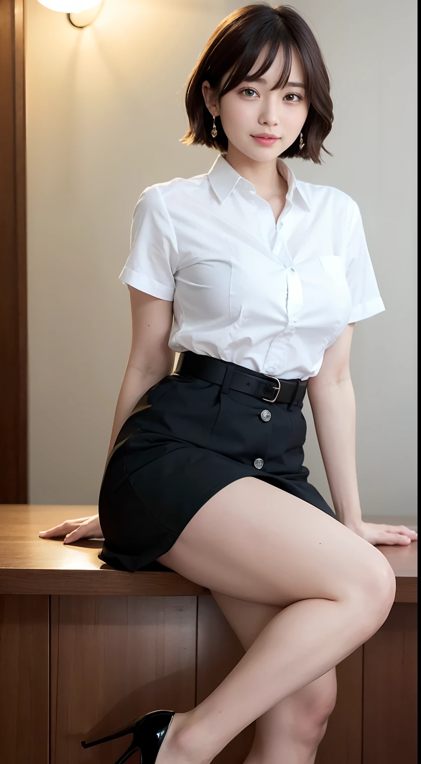 (8k, top-quality, masterpiece:1.2), (realisitic, Photorealsitic:1.37), ultra-detailliert, 1 girl in, japanes、Long black hair、full bodyesbian, outside of house, (Adjusted hair:1.5) Officelady, Black Office Blazer, Office Skirt, (panthyhose: 1.2)、(Short button-down shirt:1.2)、Button Up Color Prim、Button Down Color Prim、bura、(panthyhose:1.2)、Alpha Layer、high-heels、earring beautiful、cute little、独奏、Beautiful detailed sky、(a smile:1.15)、(Mouth closed)、tiny chest、Eyes in Beautiful Details、Business attire、(short-hair:1.2)、Floating Hair NovaFrogStyle、
