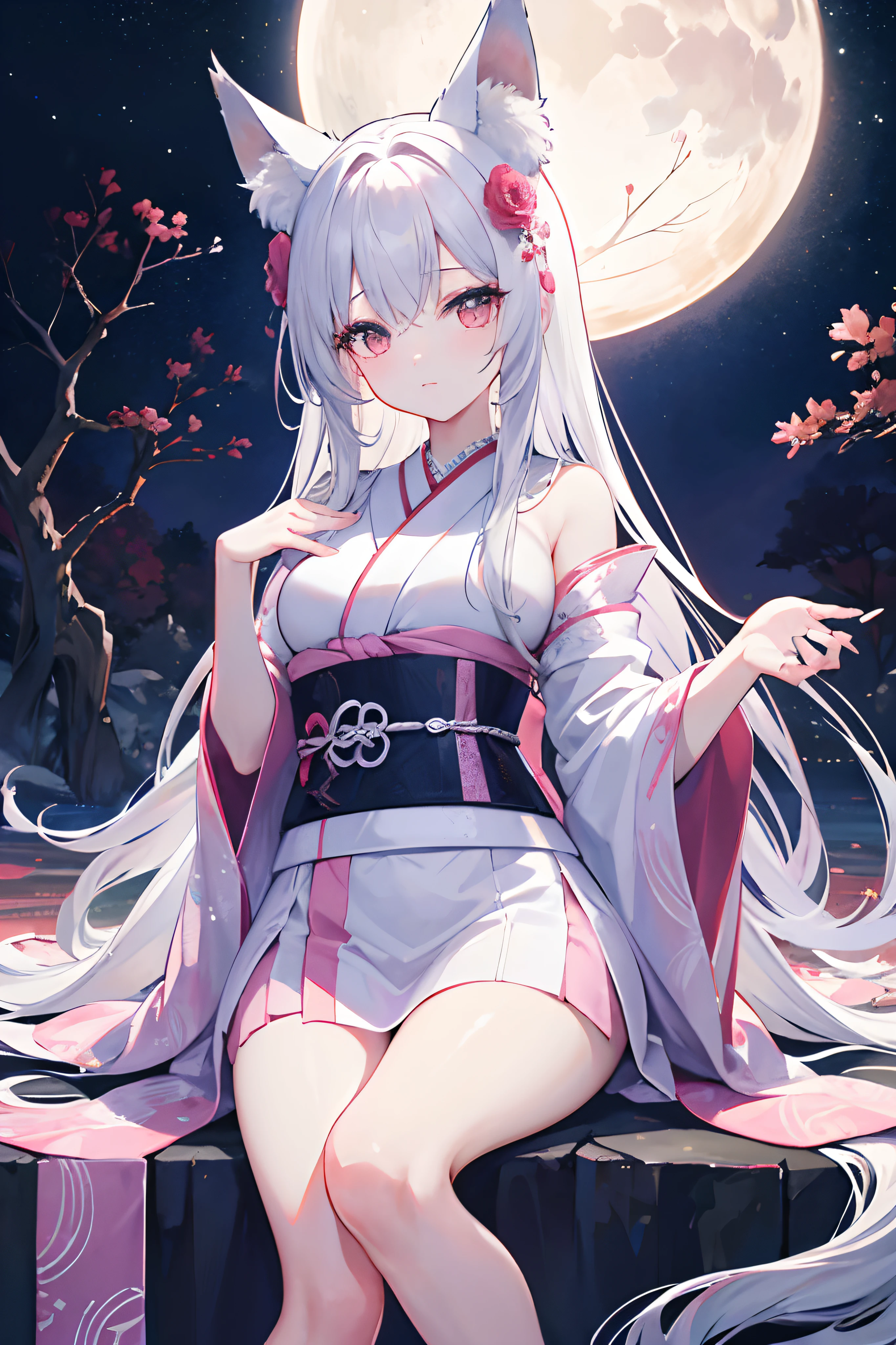 Beautiful nine-tailed fox girl from Korean mythology anime style, vestida con un delicado kimono color rosa pastel con detalles de flores de cerezo muy corto y con un escote pronunciado, Highly detailed and shiny medium-sized breasts, wistful look, ambiente nocturno en medio de un bosque iluminado por una hermosa luna llena que se puede ver al fondo, con las piernas totalmente al descubierto, muslos preciosos y brillantes
