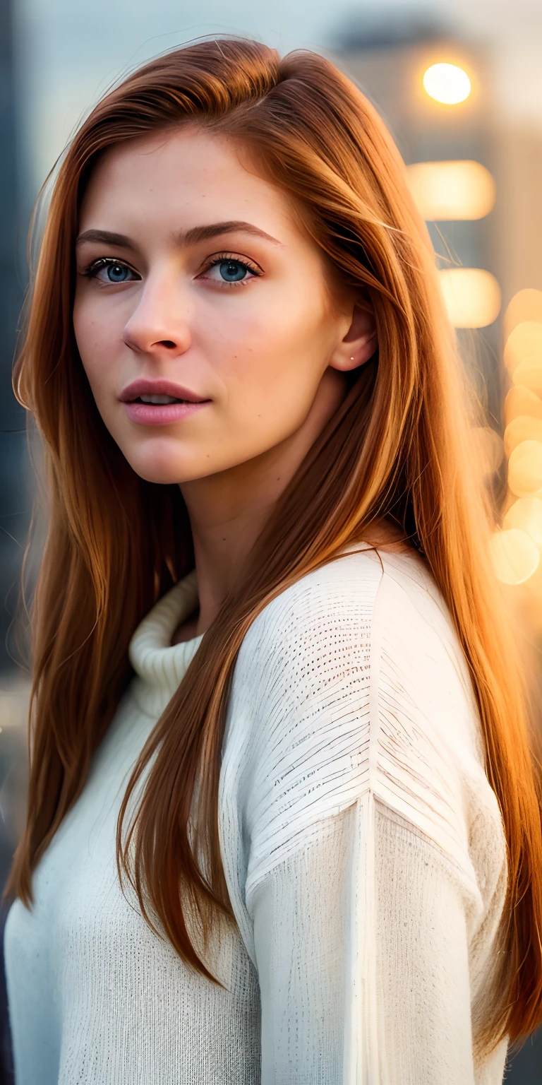 (masterpiece:1.3), (8k, photorealistic, RAW photo, best quality: 1.4), (1girl), beautiful face, (realistic face), (ginger hair, long hair:1.3, enhanced salon perfect hair), beautiful hairstyle, realistic eyes, beautiful detailed eyes, (realistic skin), beautiful skin, (sweater), attractive, ultra high res, ultra-realistic, highly detailed, golden ratio, (caucasian:1.5),(photo realistic:1.4), (hyper realistic:1.4), (realistic:1.3), (smoother lighting:1.05), (increase cinematic lighting quality:0.9), 32K, 1girl, realistic lighting, backlighting, light on face, ray trace, (brightening light:1.2),city background at night,bohken lights