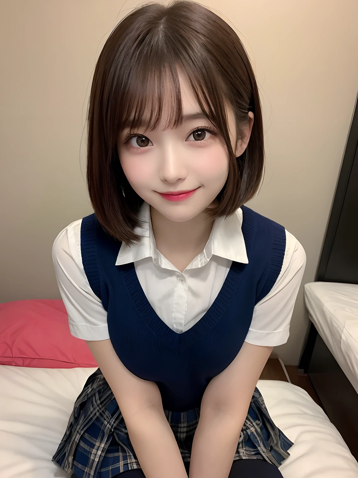 (masterpiece:1.2, highest quality), (Realistic, photoRealistic:1.4), Beautiful illustrations, (Natural Side Lighting, Cinema Lighting), Written boundary depth, Looking at the audience, Front view, 1 girl, English, high school girl, 20-year-old, Perfect Face, Symmetrical cute face, Shiny skin, Leg spread, (Bob Hair:1.7,blonde), Asymmetrical bangs, Big eyes, Droopy eyes, long eyelashes chest), thin, Beautiful Hair, Beautiful Face, Beautiful and beautiful eyes, Beautiful clavicle, Beautiful body, Beautiful breasts, Beautiful thighs, Beautiful legs, Beautiful fingers, ((High-quality fabric, Brown knitted vest, Short sleeve white collar shirt, Navy Pleated Skirt, Navy bow tie)), (Beautiful views), evening, (Inside the flower shop), Are standing, (smile, Superior, Open your mouth), (((Skirt flip, No pants, Genitals are visible))), Full Body Shot, Dark blue socks, Sexy Face, Inverted nipples,