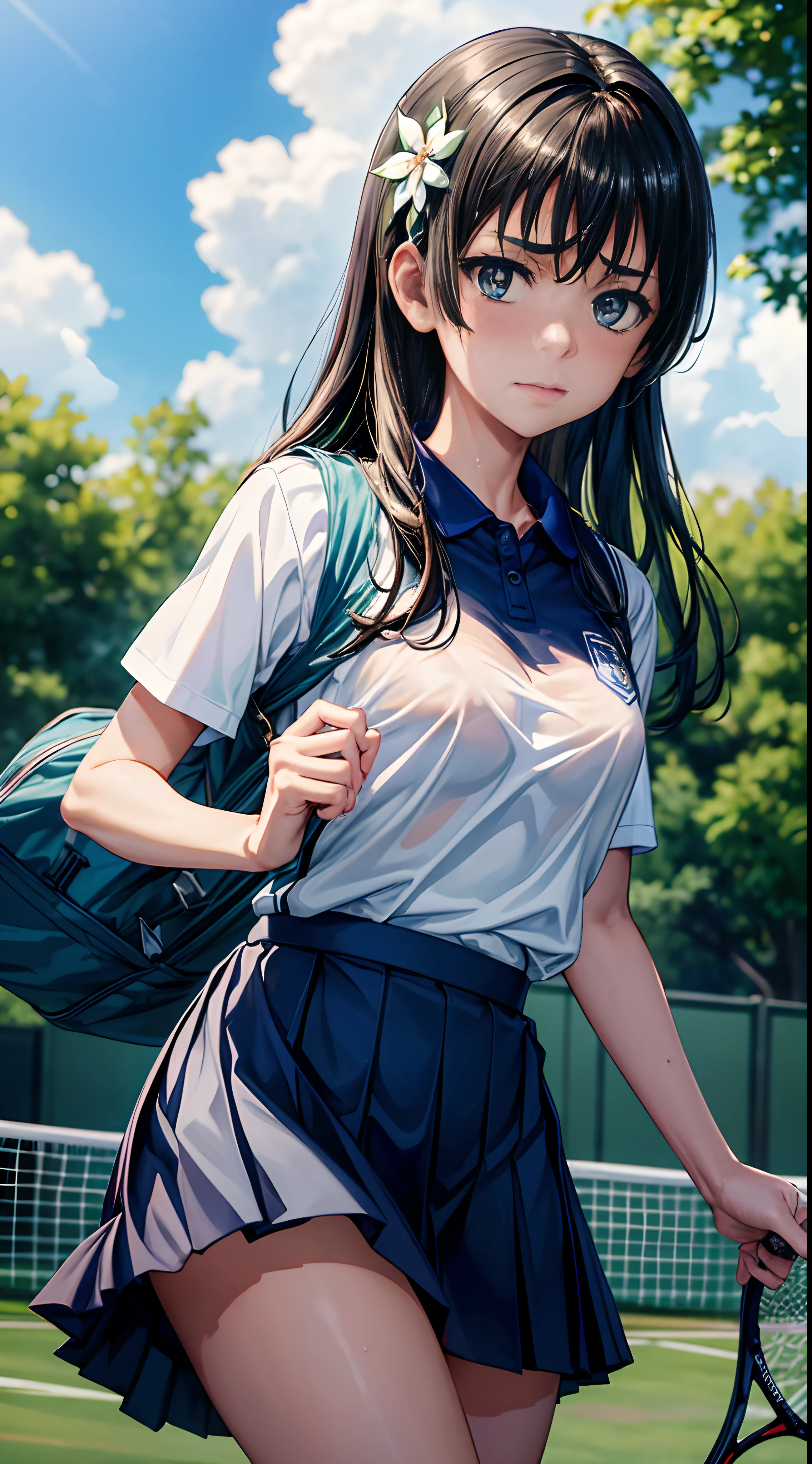 (((masterpiece,top-quality,超A high resolution))),1womanl, ,(((Wet with sweat))),Beautiful breasts,12year old,,(((serious faces)),(((I'm blushing))),(((Nariko Saten)),,(((Best Quality,4K,in 8K))),((closes mouth)),(((See-through white and blue tennis uniform)),(((The wind is going to ruin my skirt))),