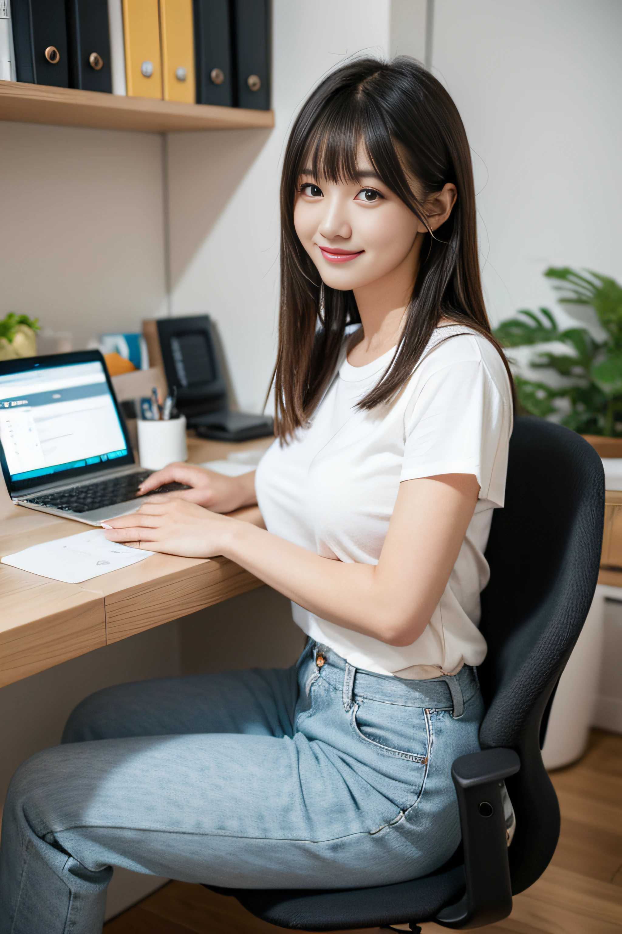 RAW Photo, DSLR BREAK a young woman with bangs, (light smile:0.8), (smile:0.5),
 wearing relaxed shirt and trousers, causal clothes, (looking at viewer), focused, 
(modern and cozy office space), design agency office, spacious and open office,
 Scandinavian design space BREAK detailed, natural light