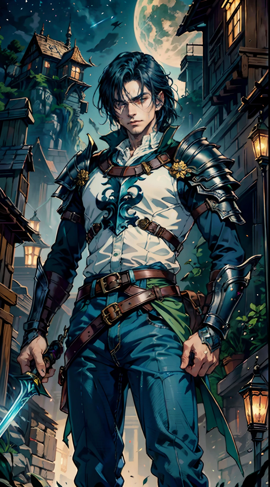 An elderly man with short dark blue hair, a fierce gaze, a wild toothy grin, a fantasy-style outfit of leather armor and a white shirt, a white chest armor with dark blue stripes on the edges, he holds a phantom dagger, dagger emitting a faintly green glow, a belt tied around his waist, cloth trousers, the background shows the vastness of the cosmic stars, this character embodies a finely crafted fantasy-style swordsman in anime style, characterized by an exquisite and mature manga illustration art style, high definition, best quality, highres, ultra-detailed, ultra-fine painting, extremely delicate, professional, anatomically correct, symmetrical face, extremely detailed eyes and face, high quality eyes, creativity, RAW photo, UHD, 8k, Natural light, cinematic lighting, masterpiece:1.5