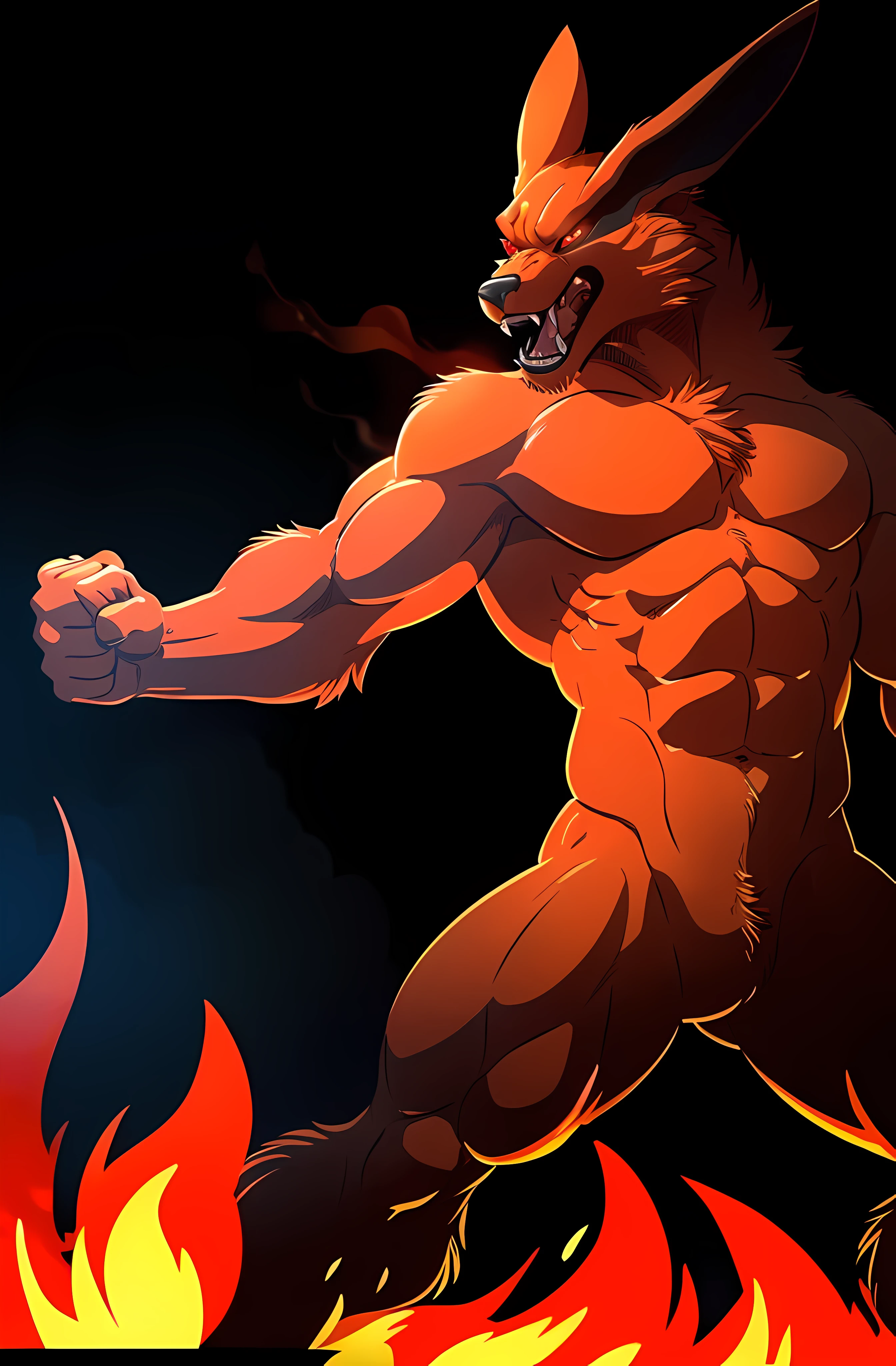 kurama, 4k, high resolution, best quality, posted on e621, solo, anthro body, male, adult, very masculine, (very muscular, heavyweight, defined muscles:1.2), (no background, black background, background red flames, background red fire, forest on fire, stylized background:1.2), (by wfa:1.0), (by negger:1.0), (detailed eyes, red eyes, evil eyes, looking at camera:1.1), (cel shaded:1.2), cartoony shading, serious eyes, open mouth, smile, (standing, legs spread, arms spread, fists clenched, raised head, shouting at the sky:1.1), (dramatic lighting, glow, darkness:1.4), detailed fist