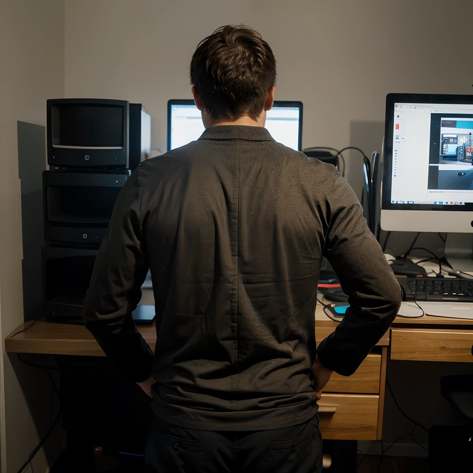 Man in front of computer, picture taken from back