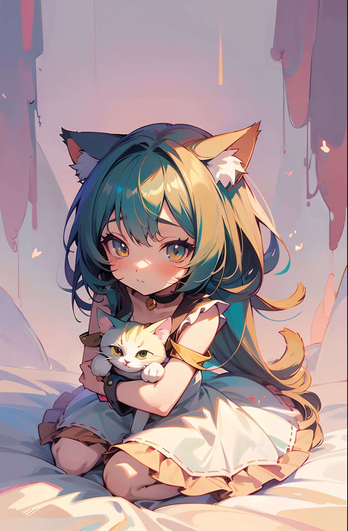 chibi,lie on one’s back,heart shaped pupils,eyes,on the bed,heart,fantastical,Pokemon,furry,kemono,cute,(non-human:1.3), Hairless,red fluffy long hair,orange color fluffy body,surprised face,(body like a puppy:1.4),deformation