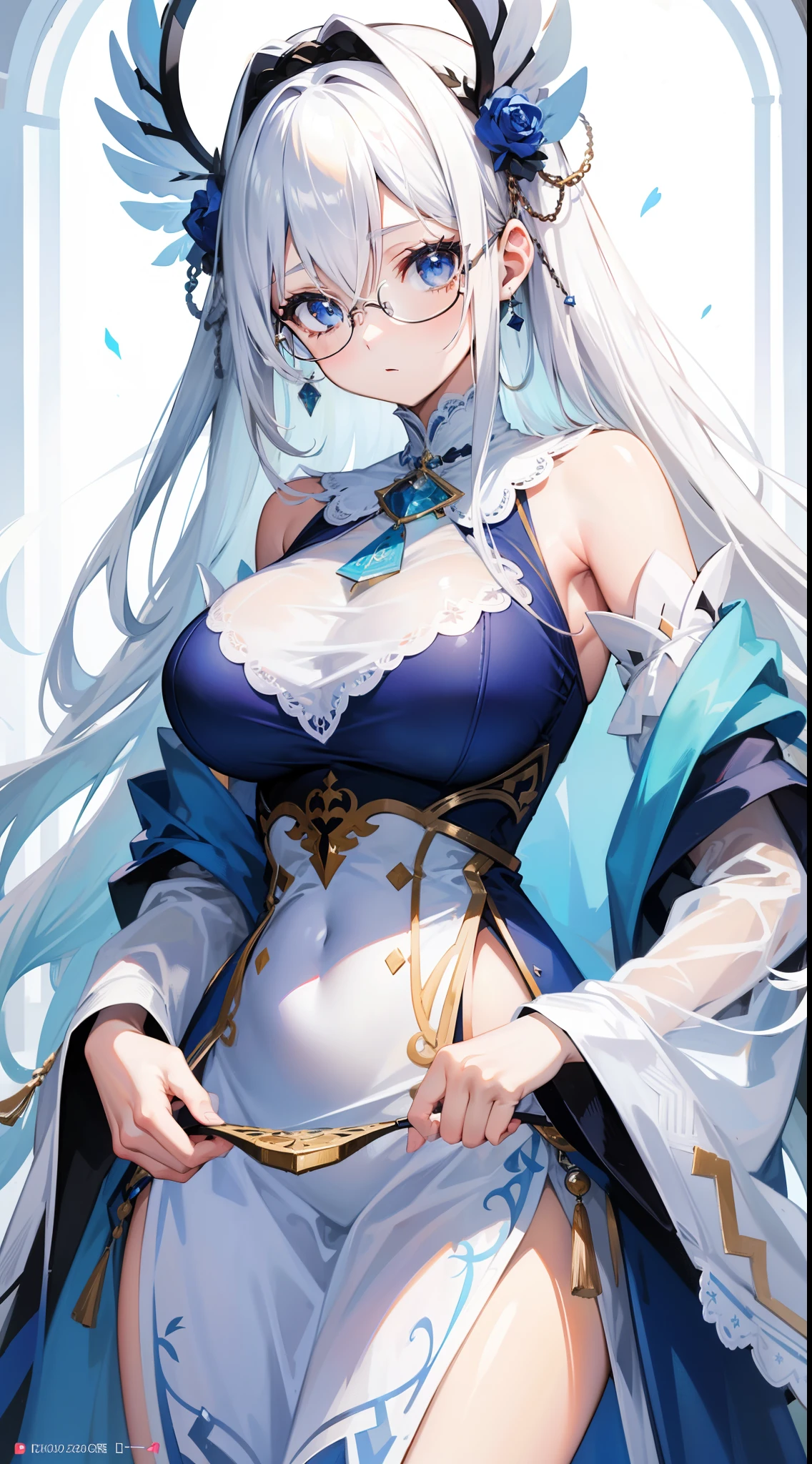 young girl, Long white hair, blue eyes, blue beautiful dress, Huge-breasts, eyeglasses, Masterpiece, hiquality, 4k, HD, Good detail