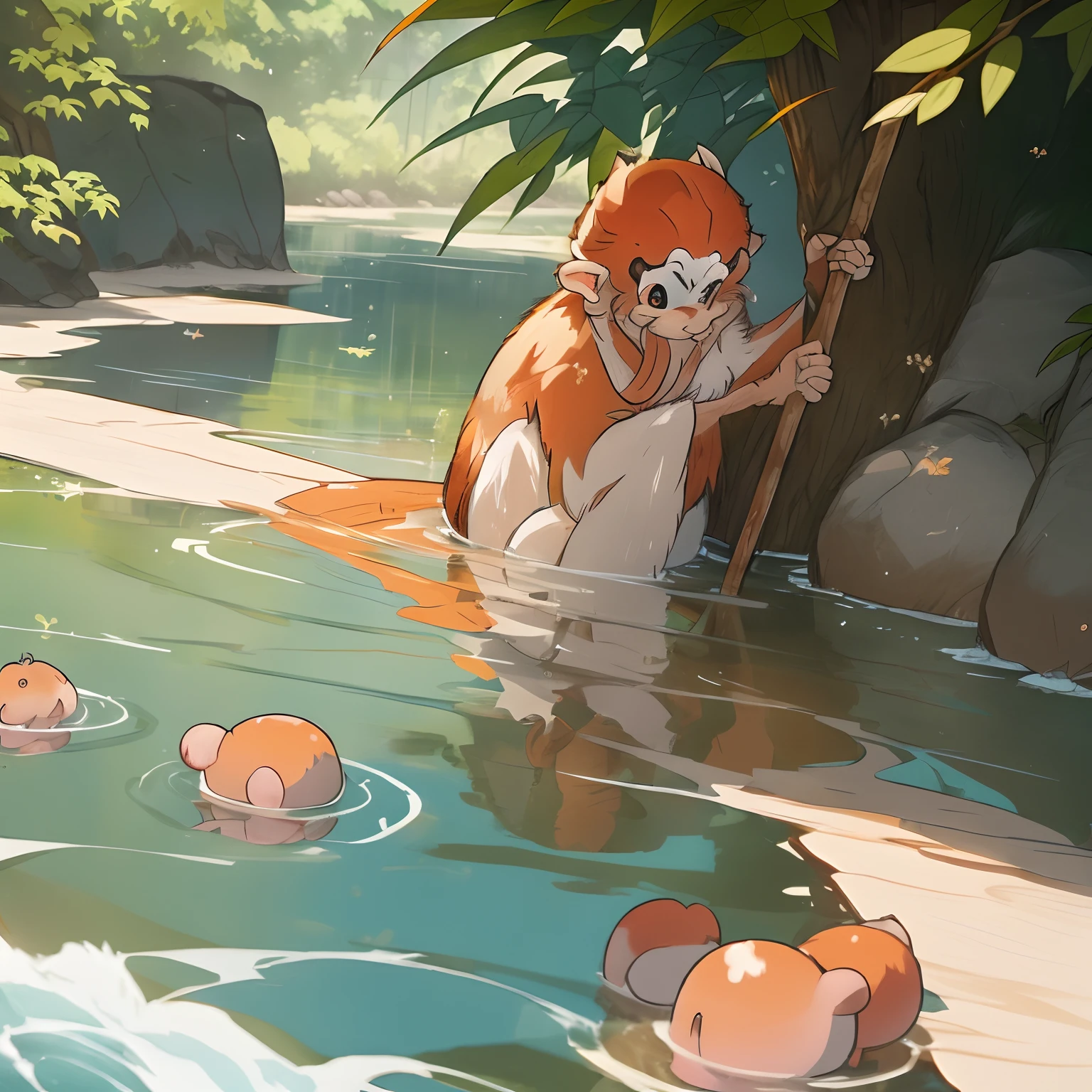 Please draw a scene from Momotaro's story。Missed peaches were hastily washed off.。Therefore、Hairy and strong-looking boss male monkey finds peach、I tried to pull it up。Surrounded by a forest river、There are also deer and bears。